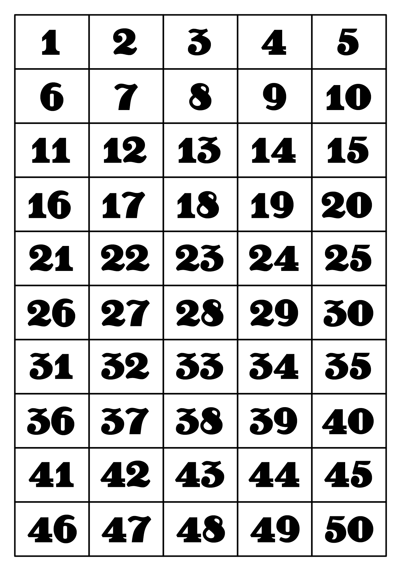 Large Size Printable Number Chart 1-50 for Education