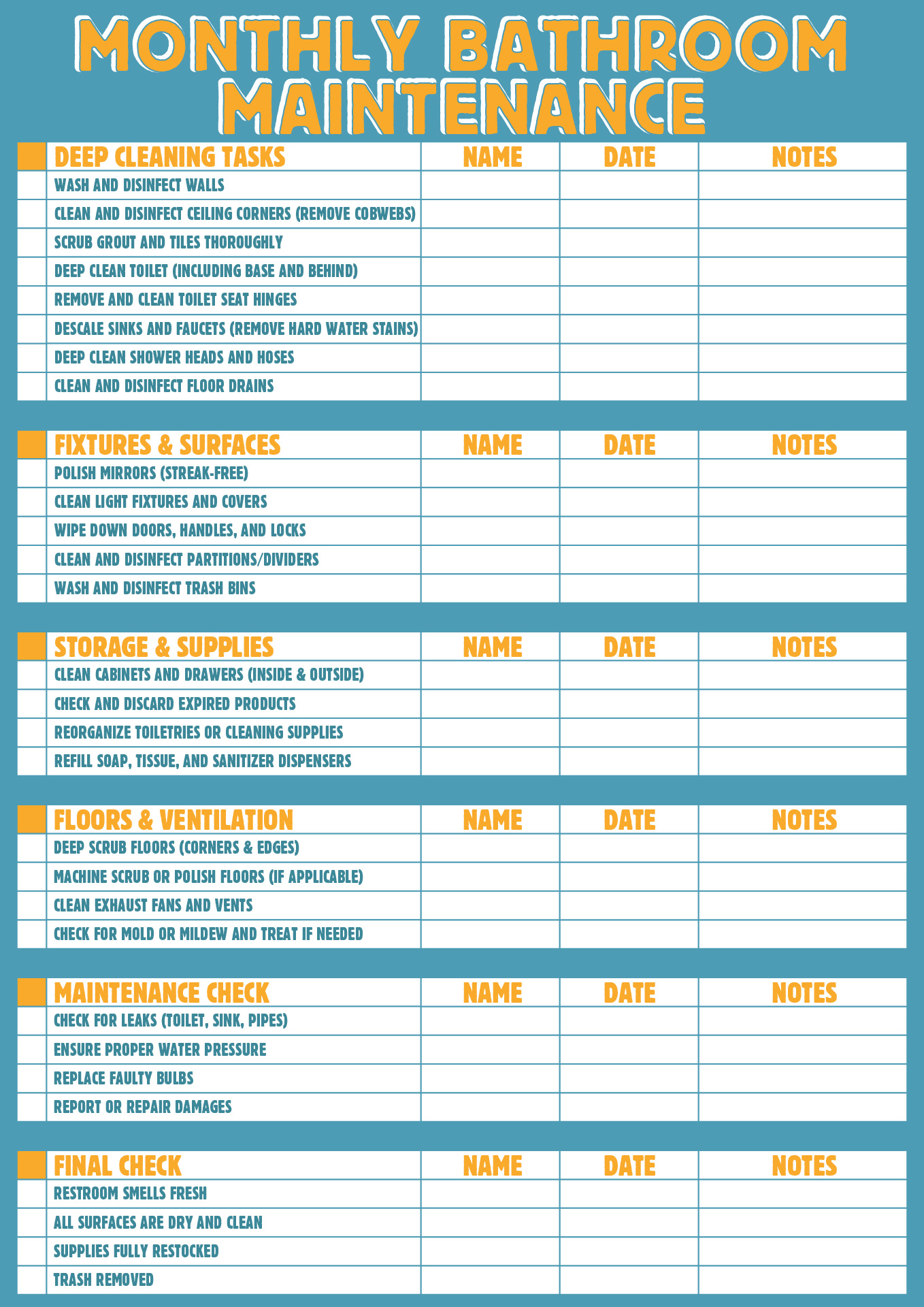 Monthly Bathroom Maintenance Planner Printable