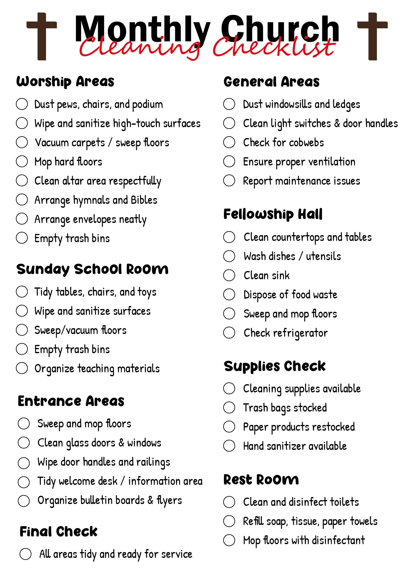 Monthly Church Cleaning Checklist Printable Version
