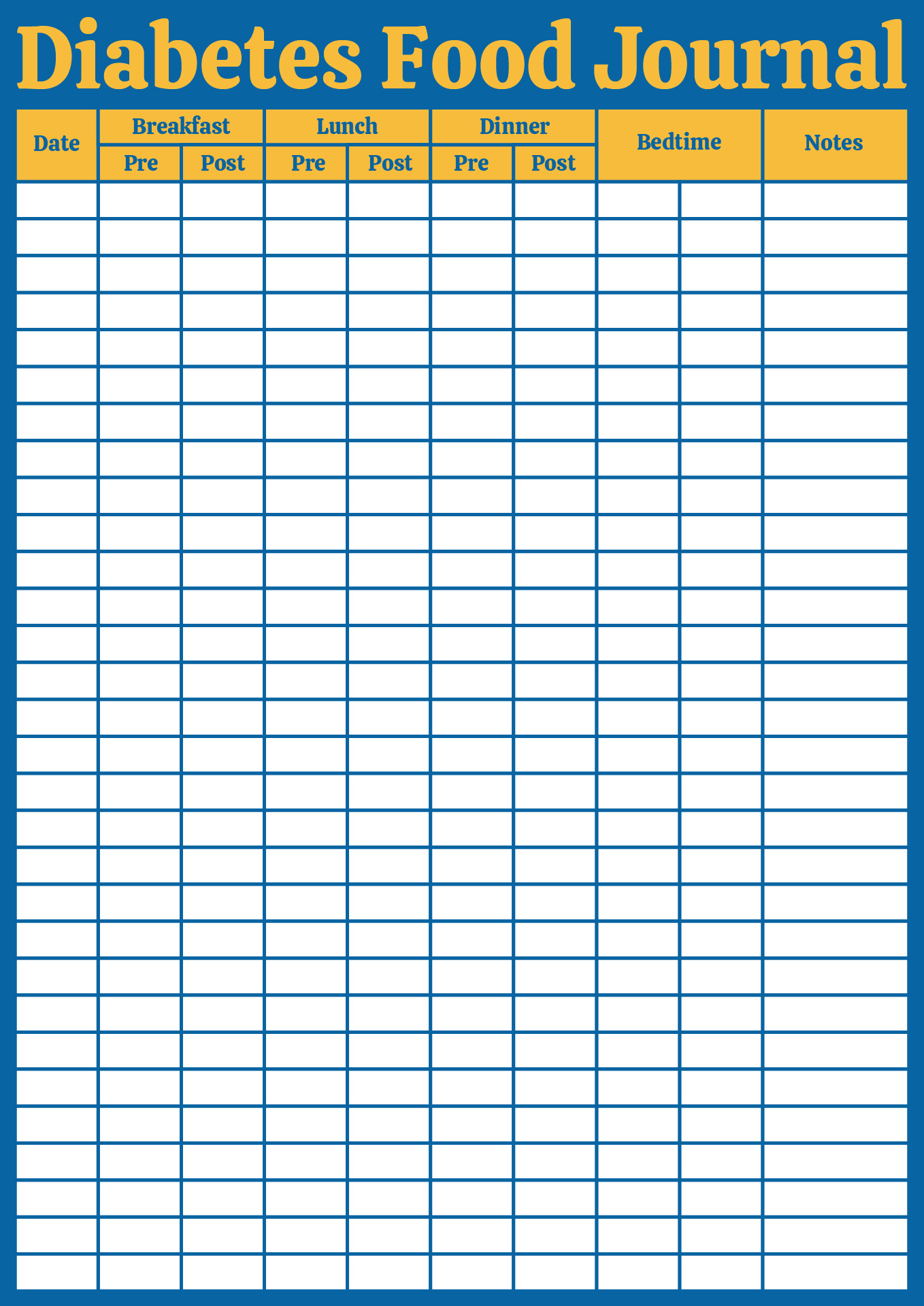 Monthly Diabetes Food Journal Pages