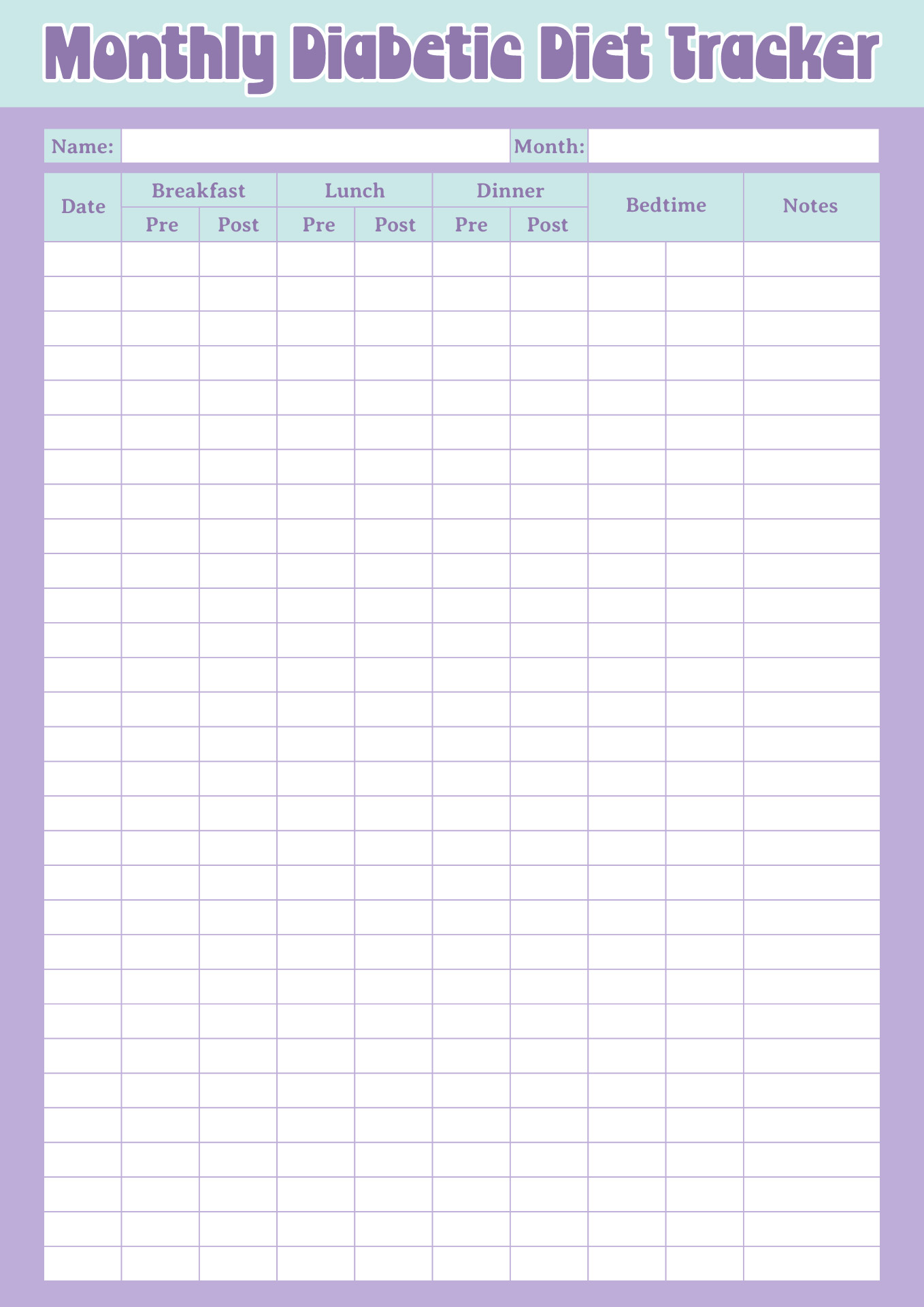 Monthly Diabetic Diet Tracker Form Printable