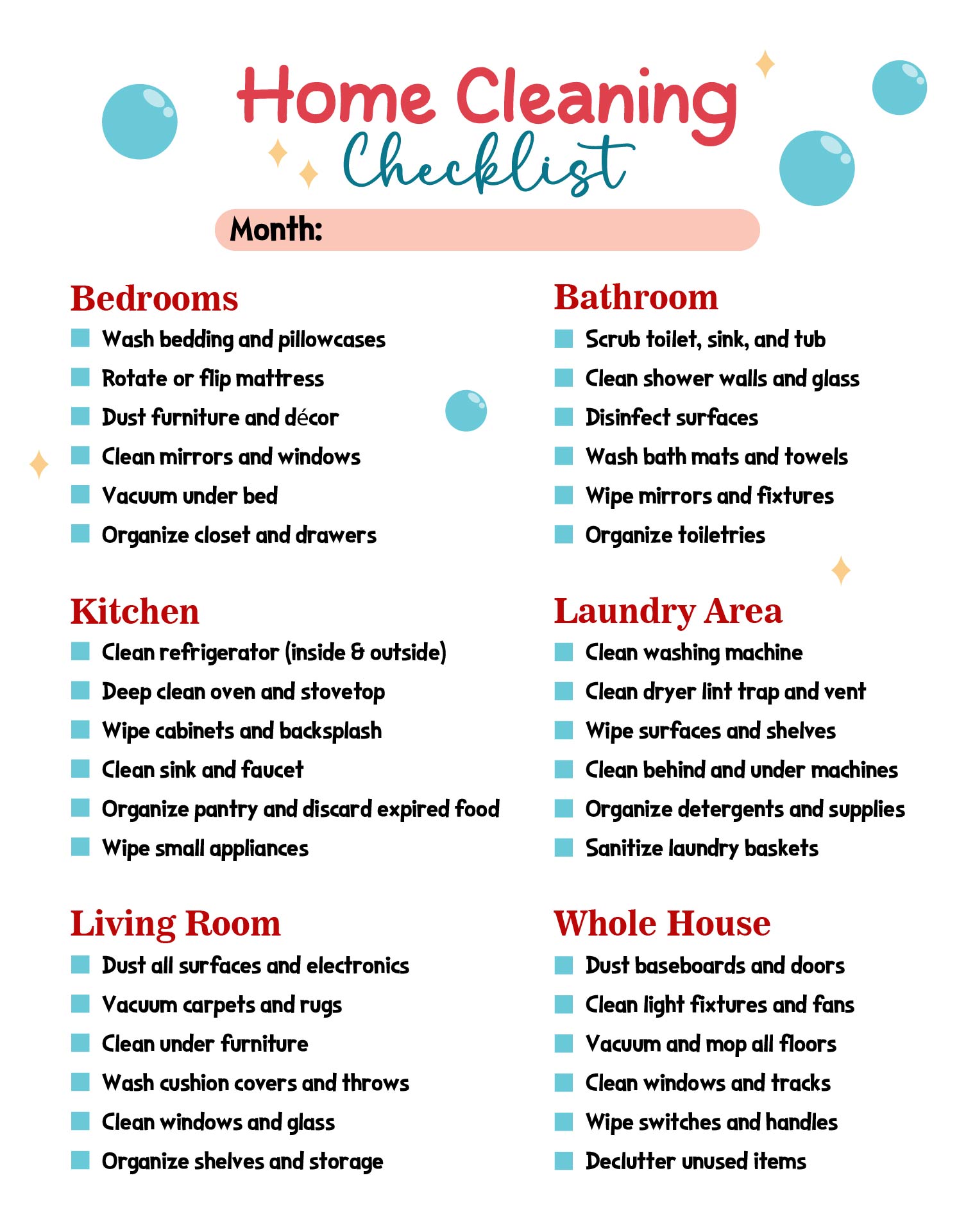 Monthly Home Cleaning Checklist Printable