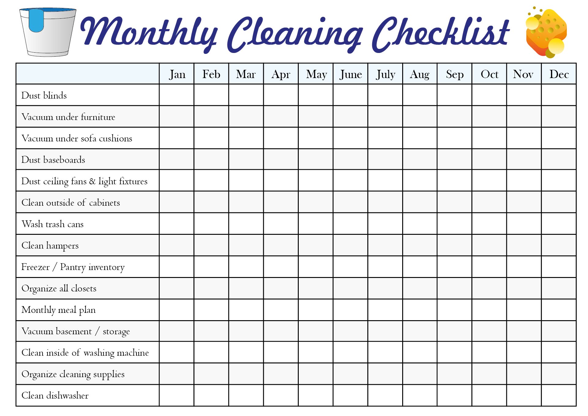 Monthly House Cleaning Checklist Charts