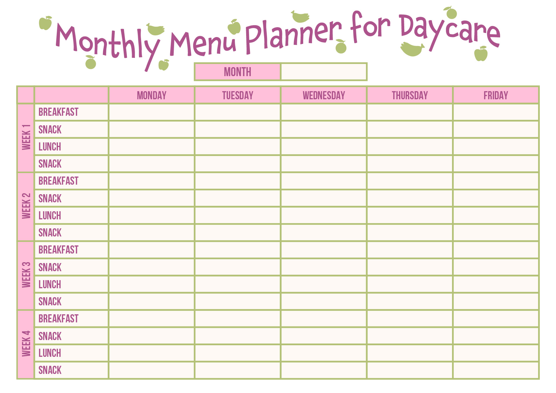 Monthly Menu Planner for Daycare