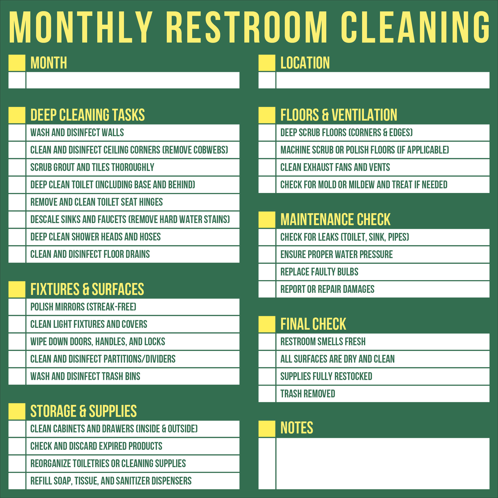 Monthly Restroom Cleaning Checklist Printable