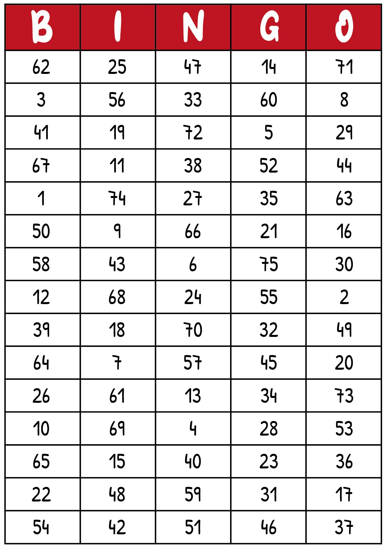 Numbers 1-75 Bingo Game Printable