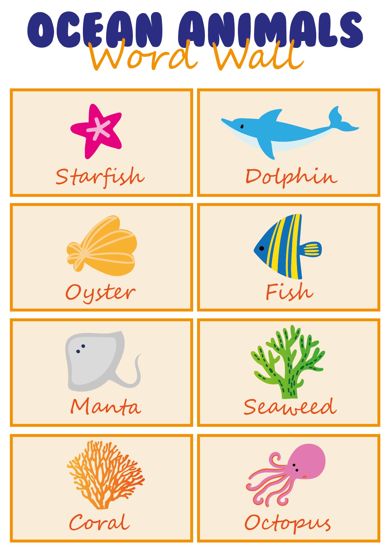Ocean Animals Word Wall Printable for Preschool