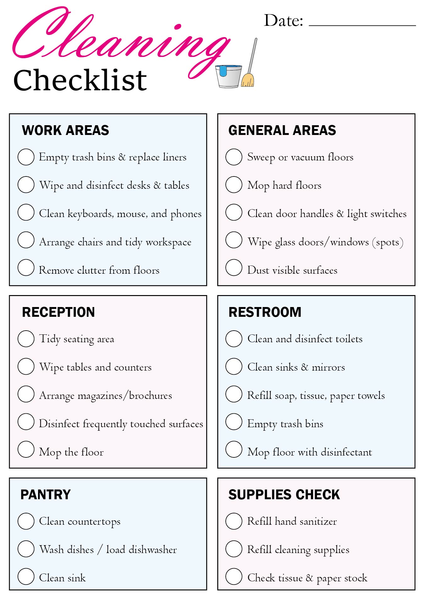 Office Housekeeping Cleaning Checklist Printable