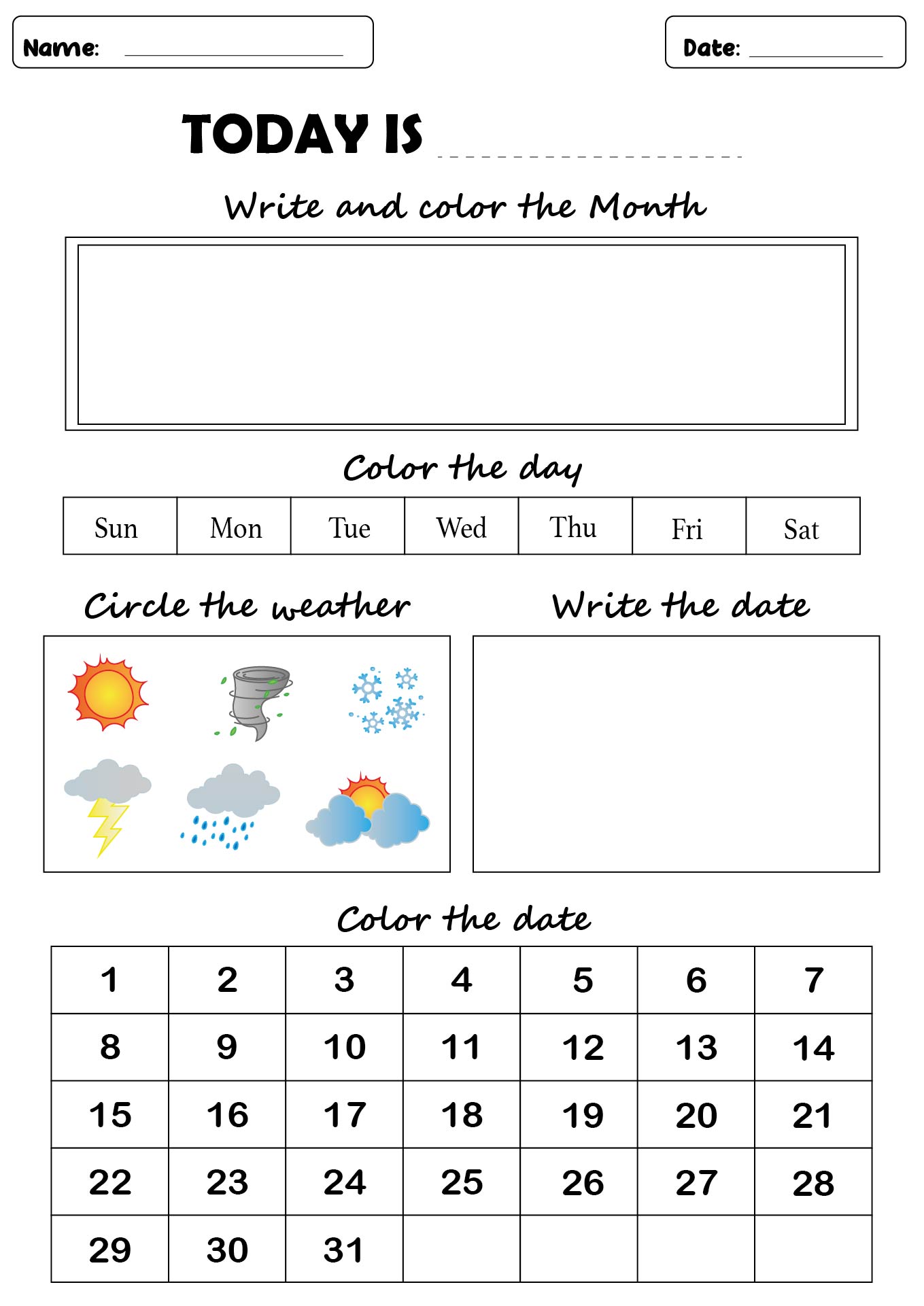 Preschool Calendar Worksheets Printable