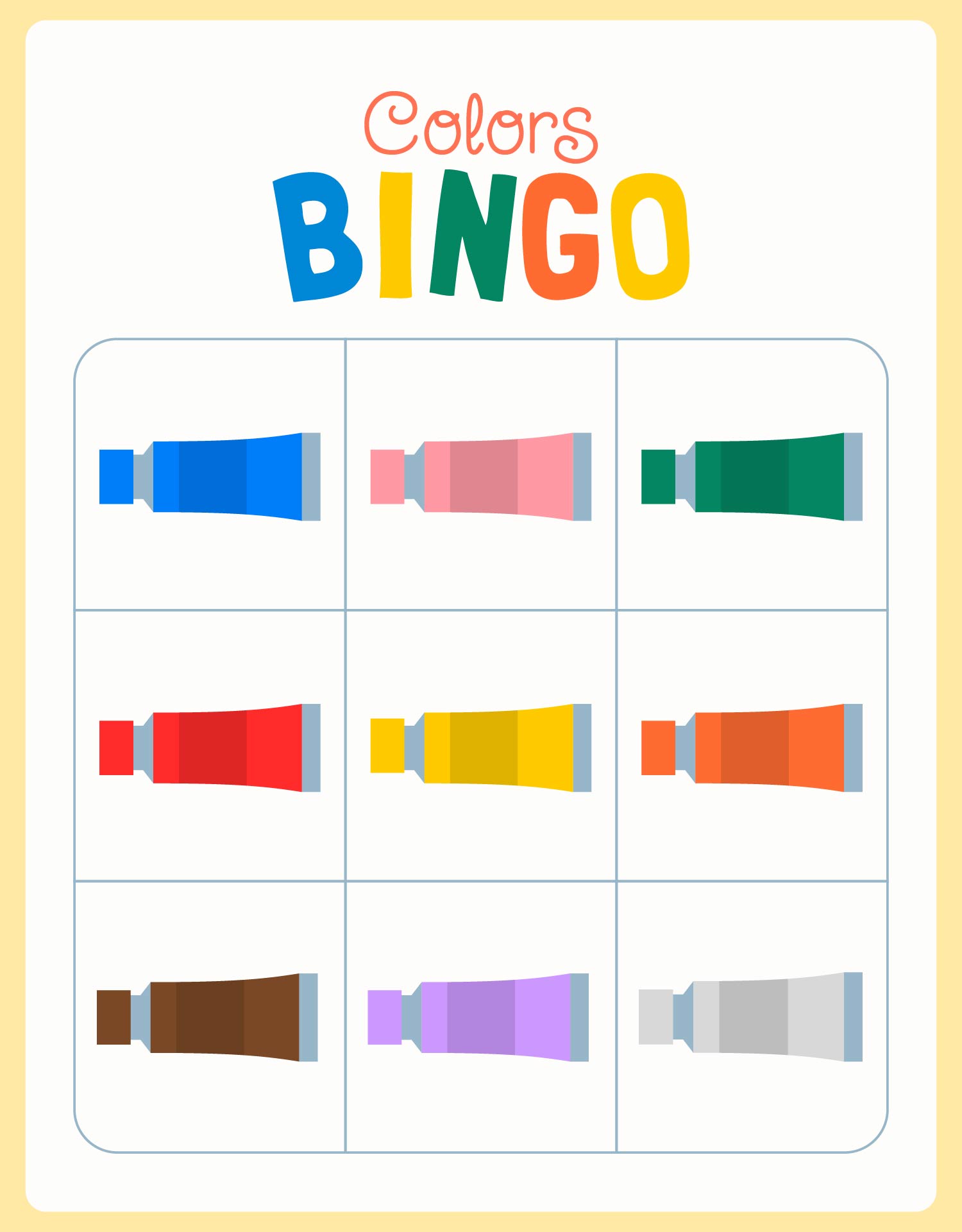 Preschool Color Recognition Bingo Cards
