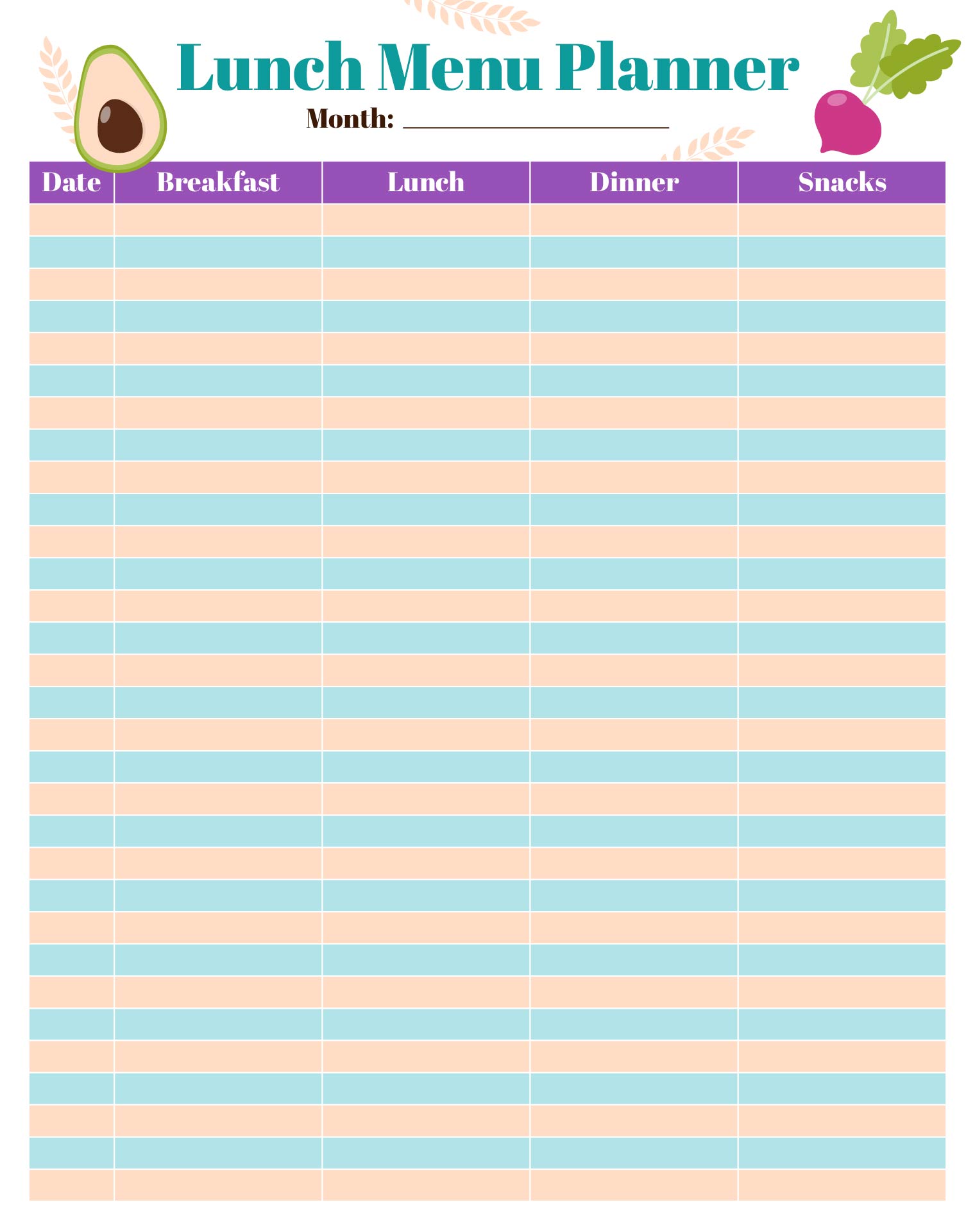 Preschool Monthly Lunch Menu Planner
