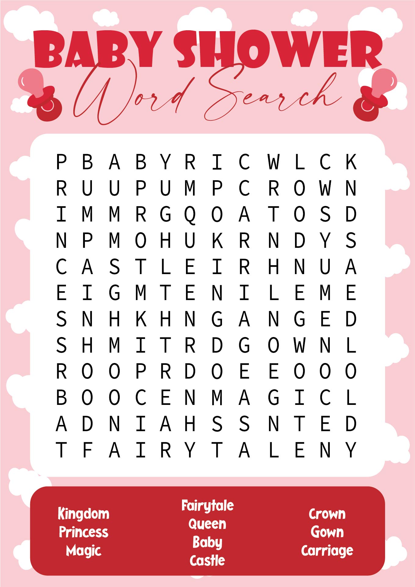 Princess Theme Baby Shower Word Search Game
