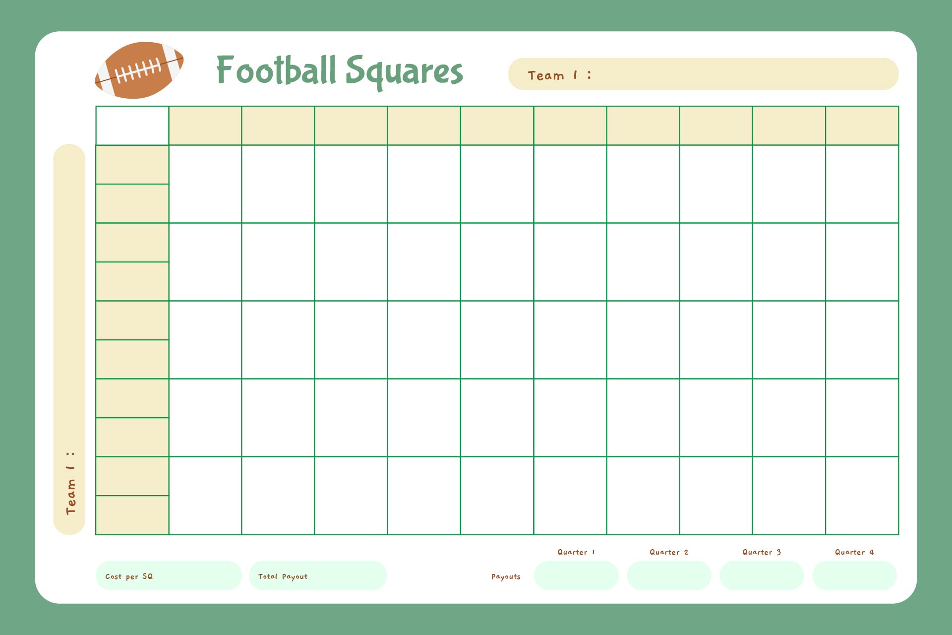 Printable 25 Square Football Pool Grid Chart