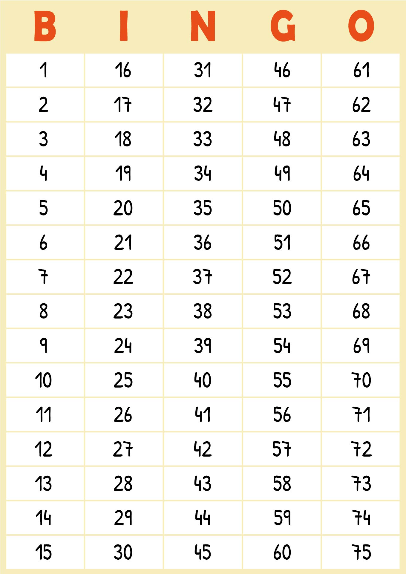 Printable Bingo Cards Numbers 1-75