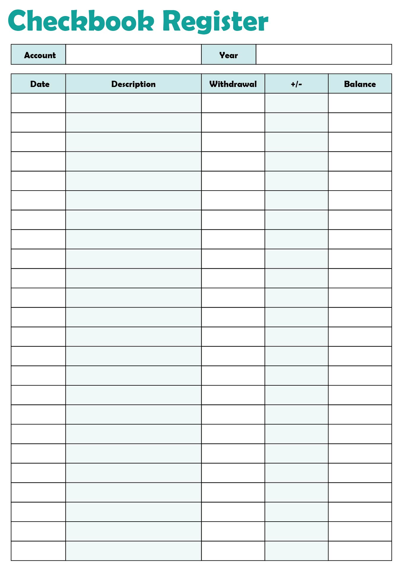 Printable Check Register for Checkbook Tracking