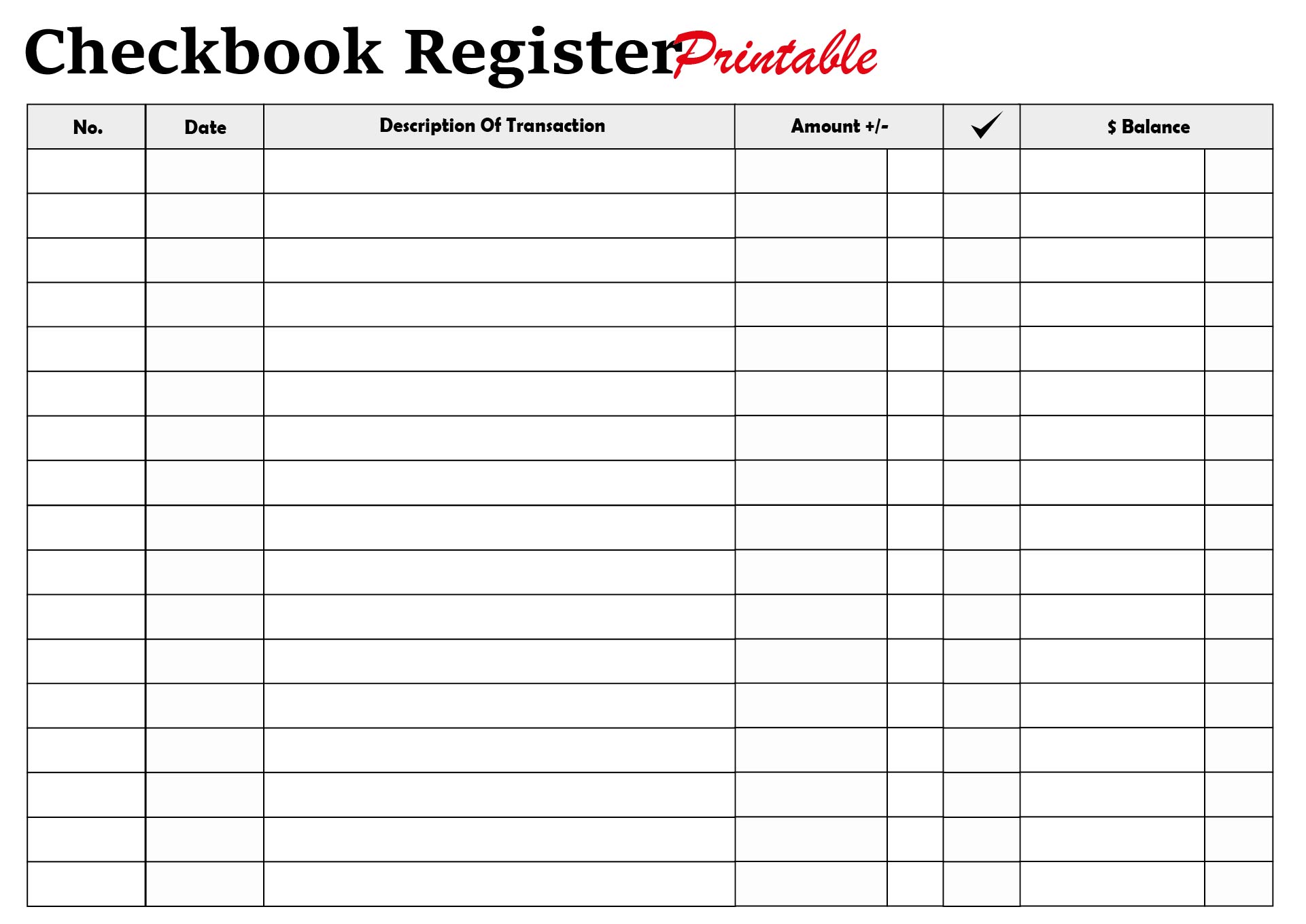 Printable Checkbook Ledger for Transaction Recording