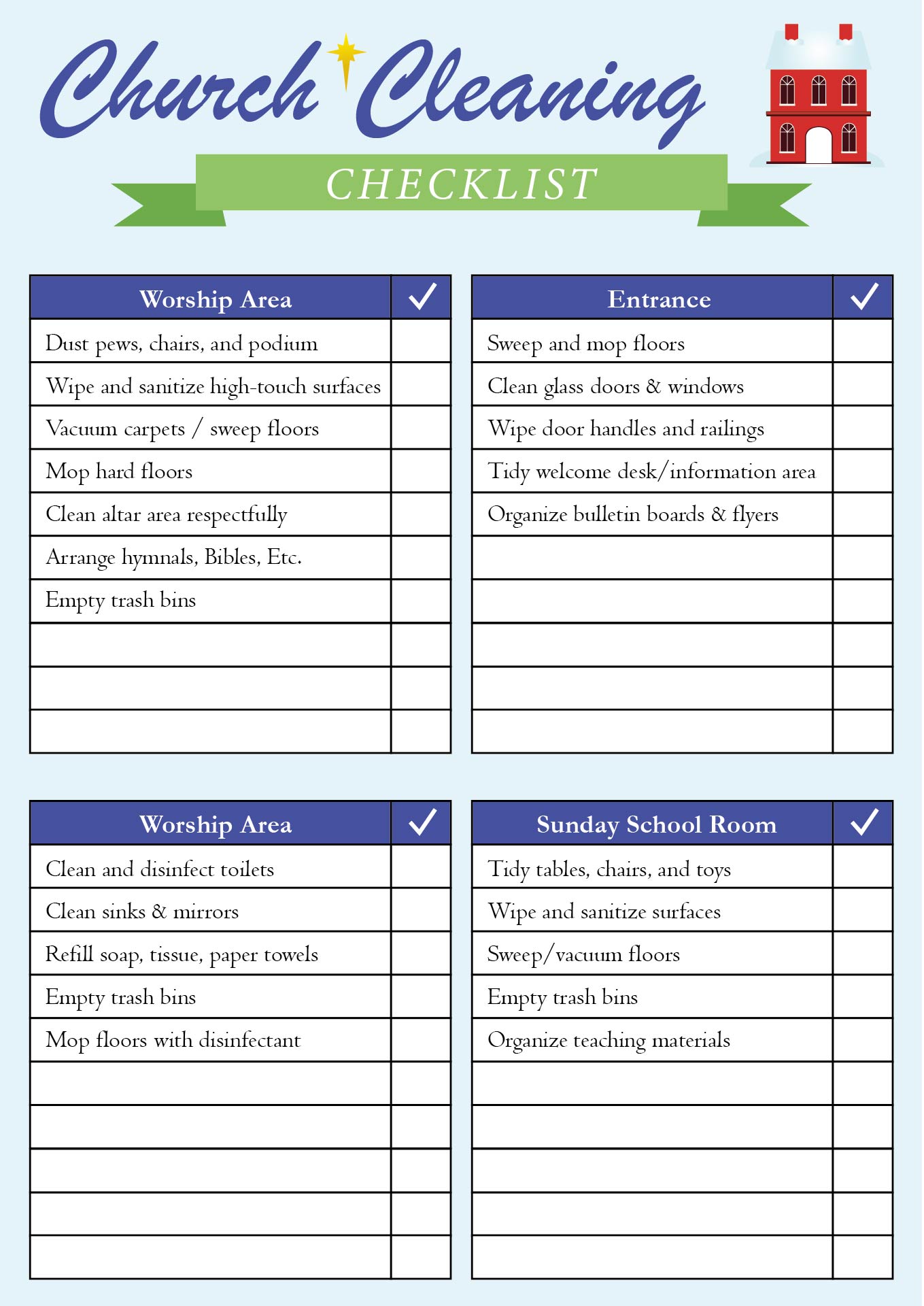 Printable Church Cleaning Checklist for Volunteers