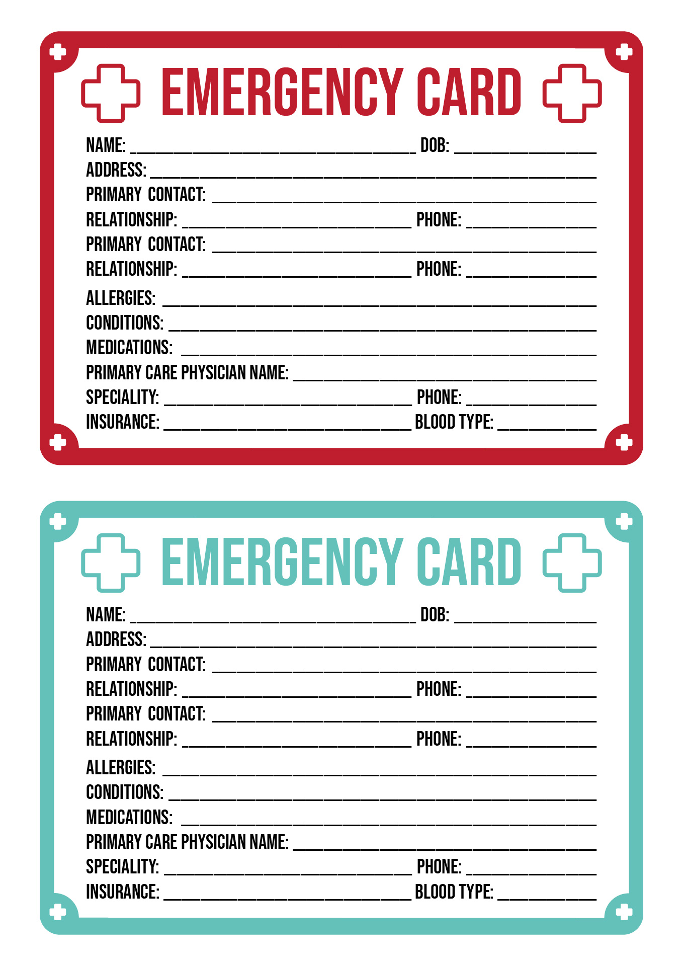 Printable Emergency Medical Information Card