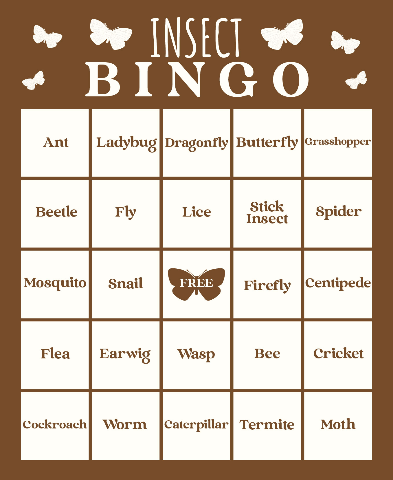 Printable Insect Bingo Cards for Kids