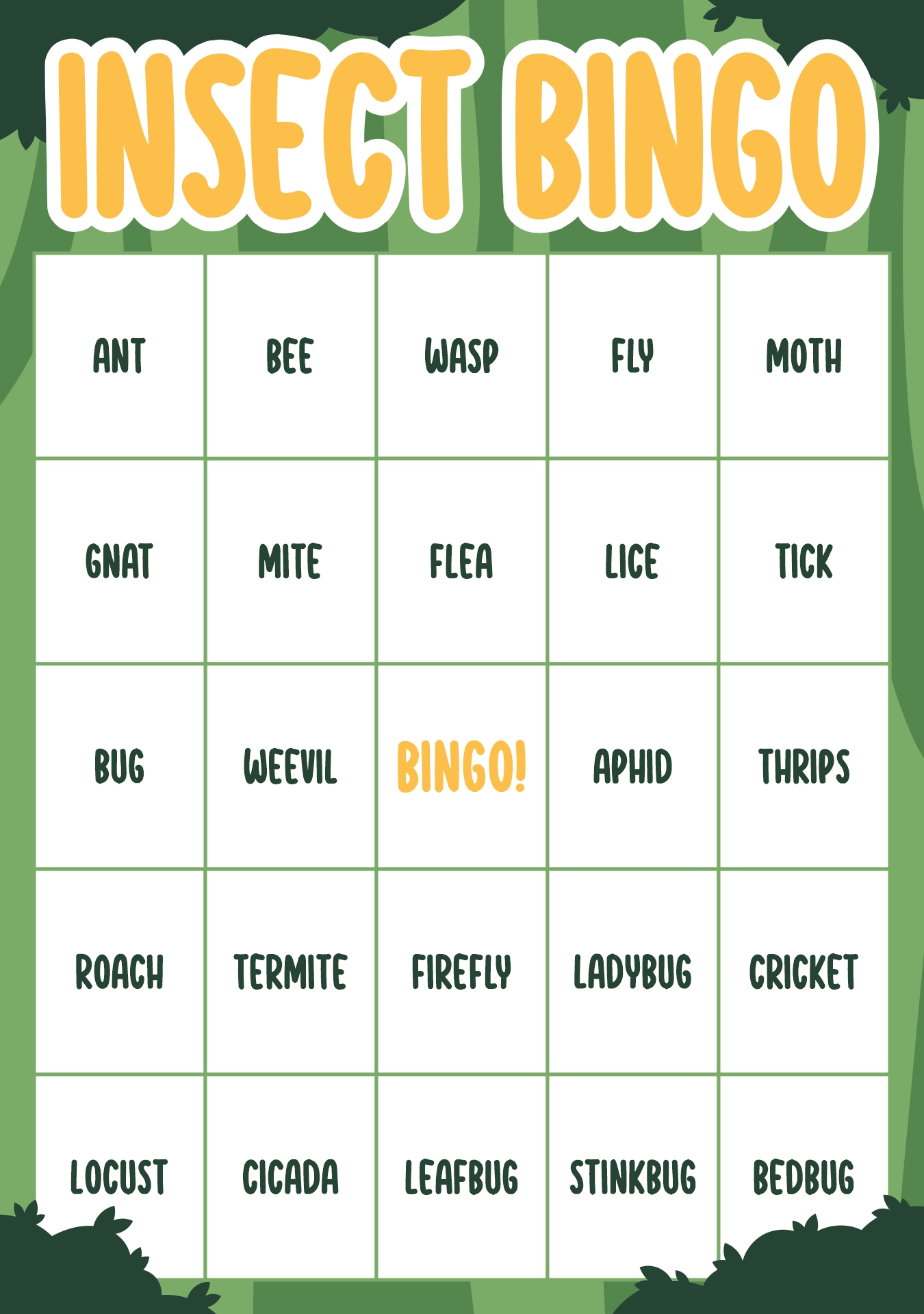 Printable Insect Bingo Cards for Kids