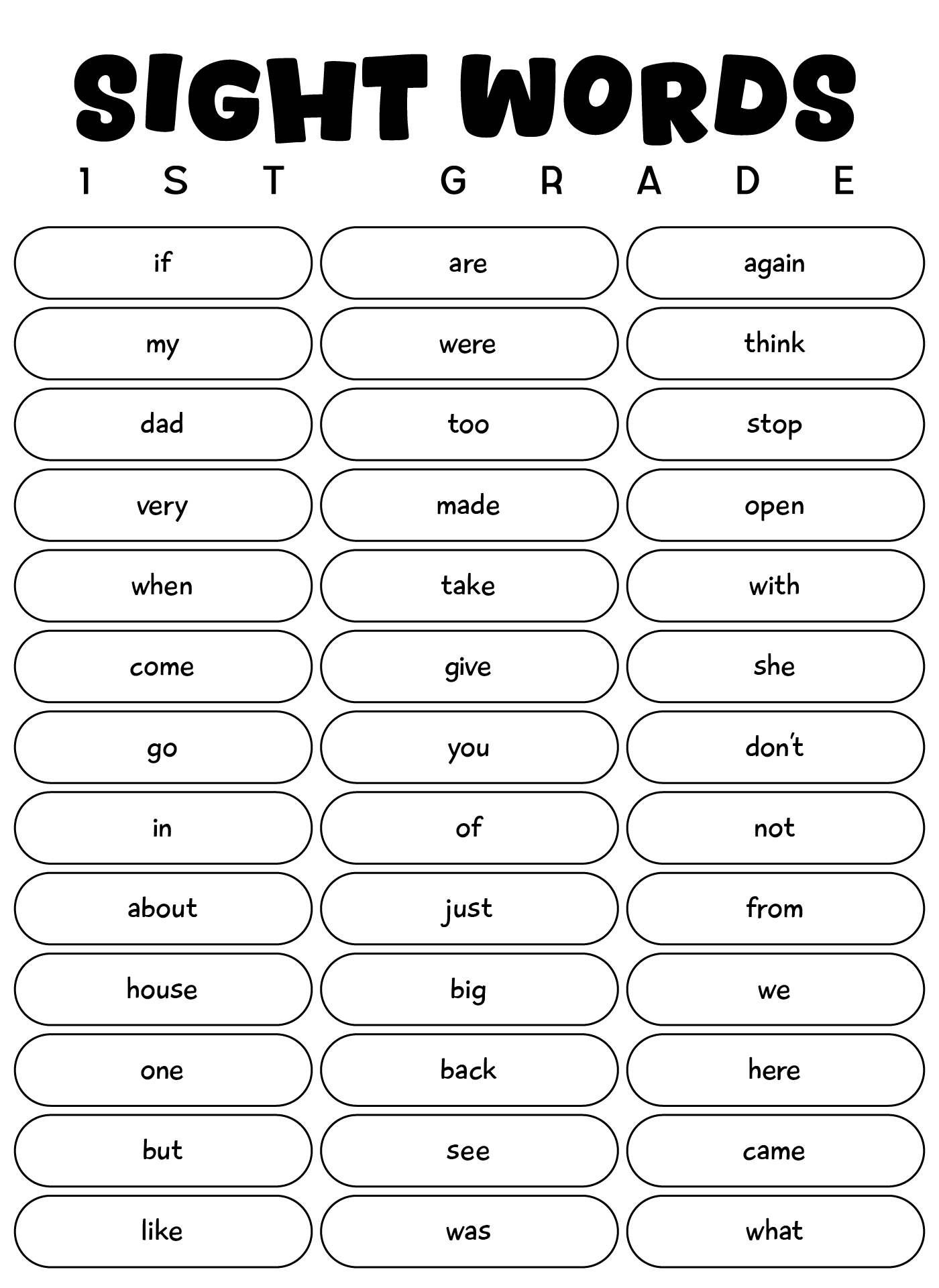 Printable List of 1st Grade Sight Words