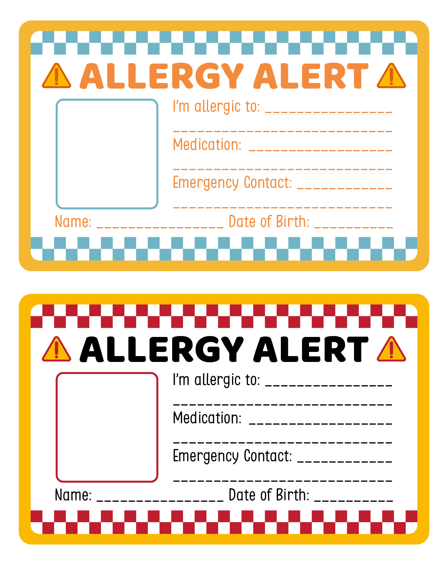Printable Medical Allergy Alert Card