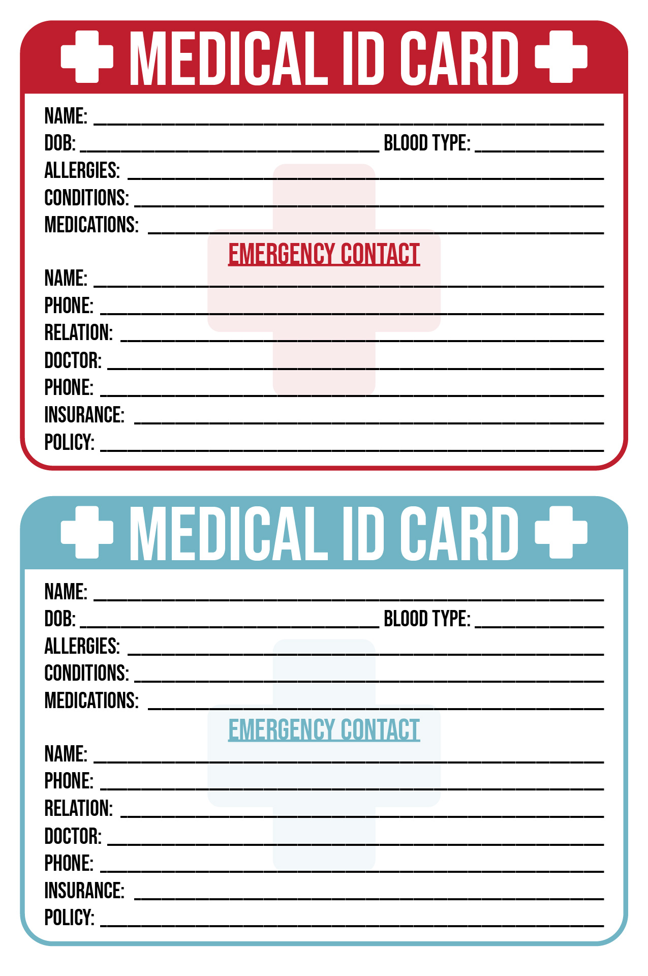 Printable Medical ID Card for Wallet
