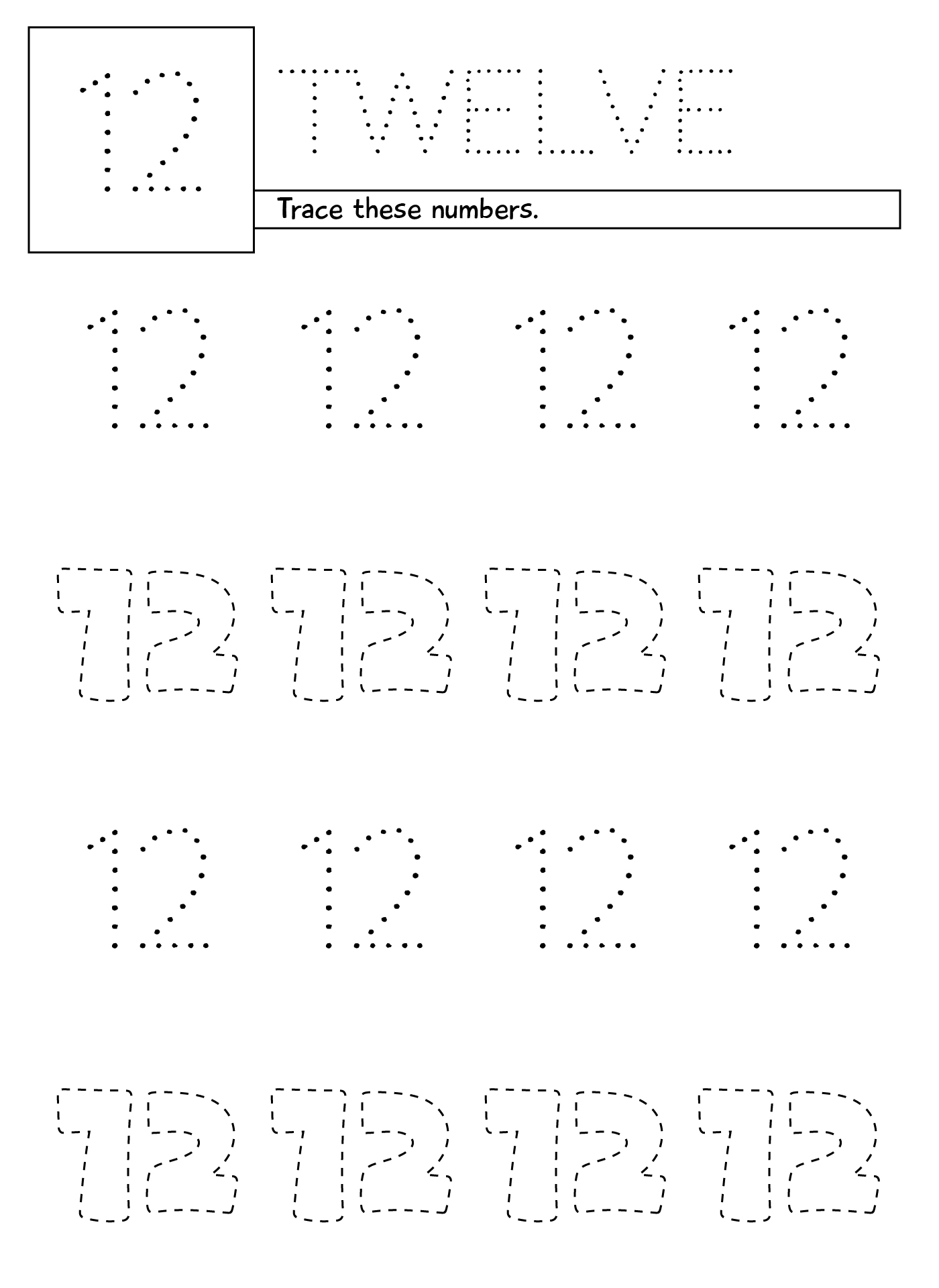 Printable Number 12 Tracing Worksheets