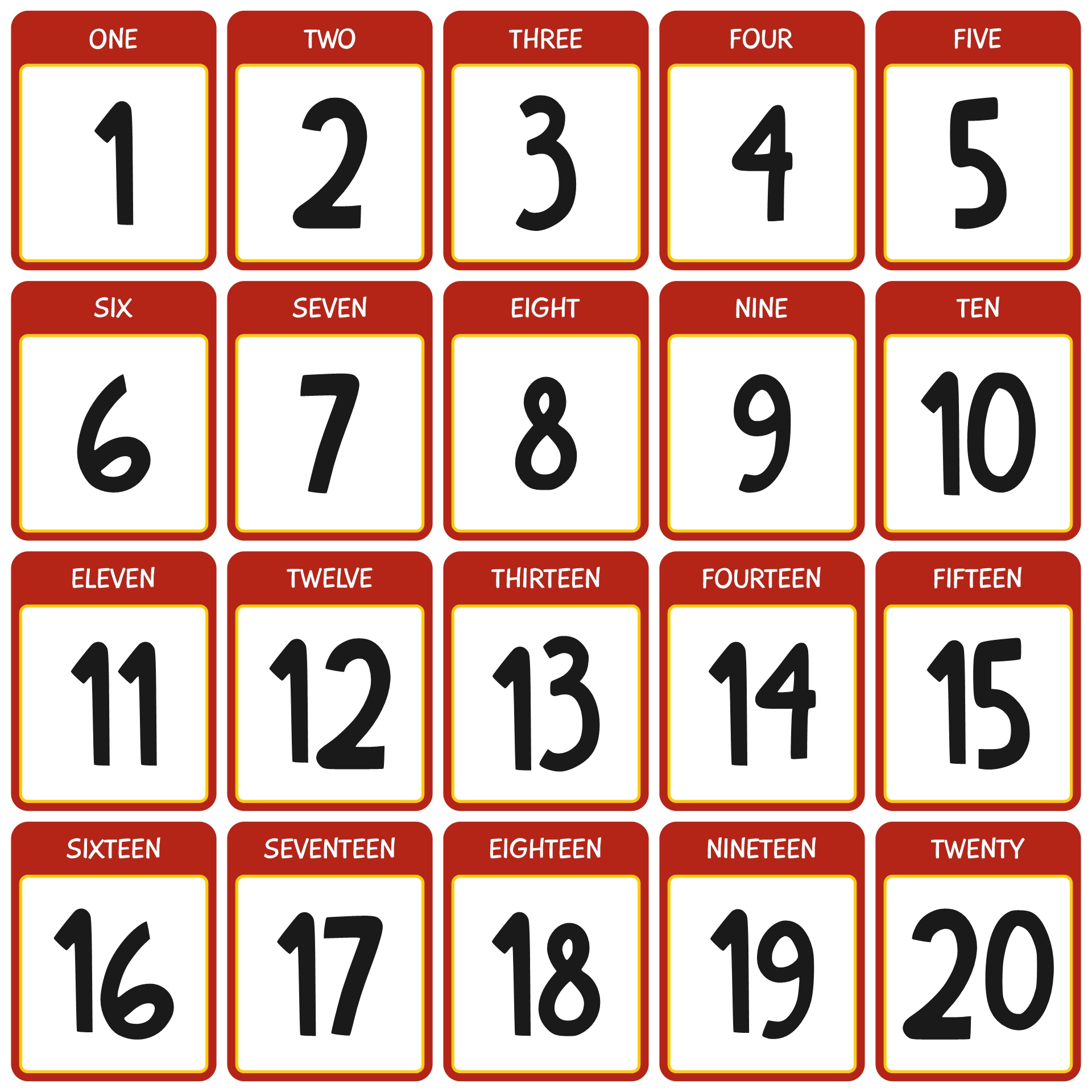 Printable Number Flash Cards 1-20 for Toddlers