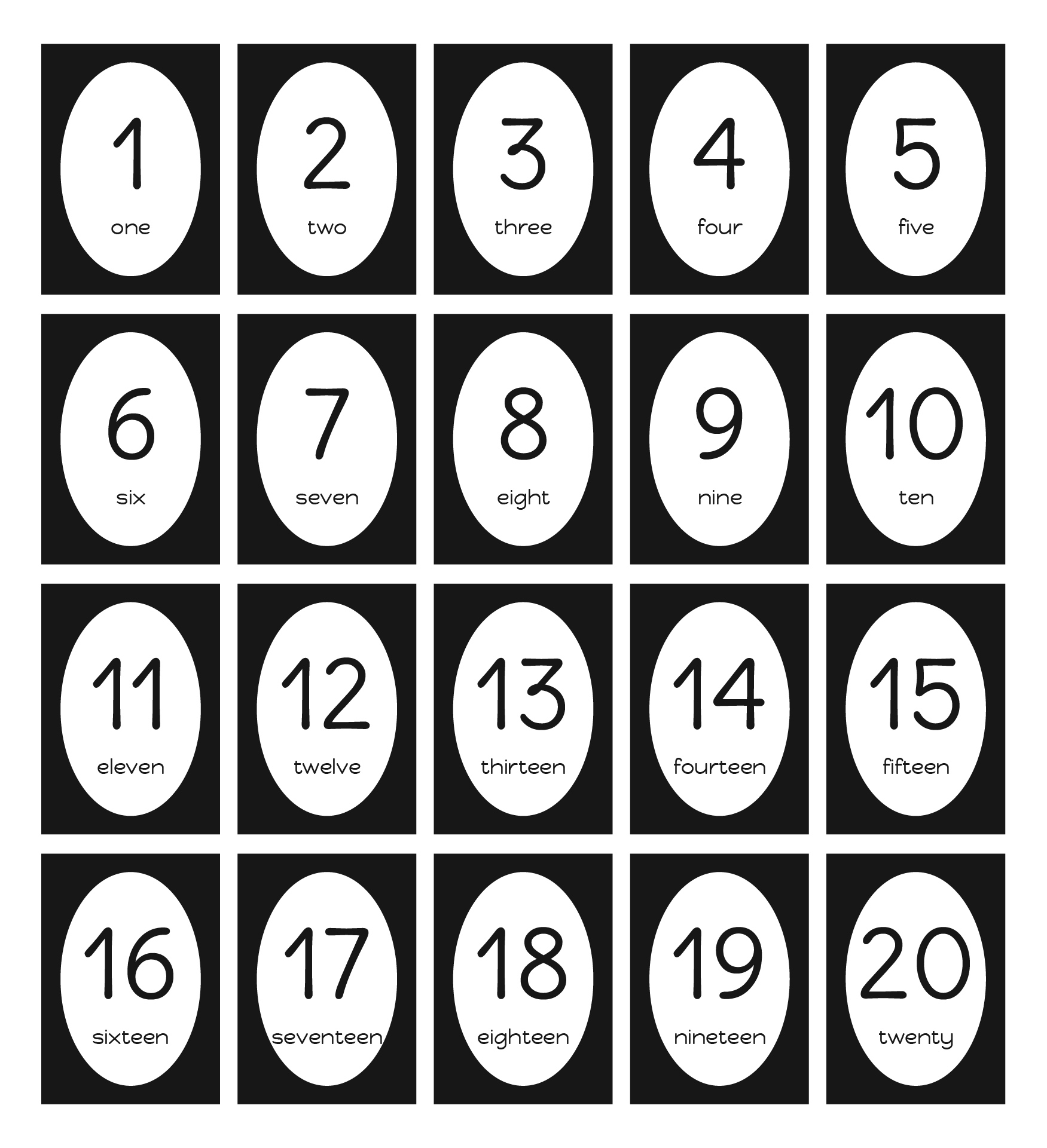 Printable Number Flash Cards 1-20 in Black and White