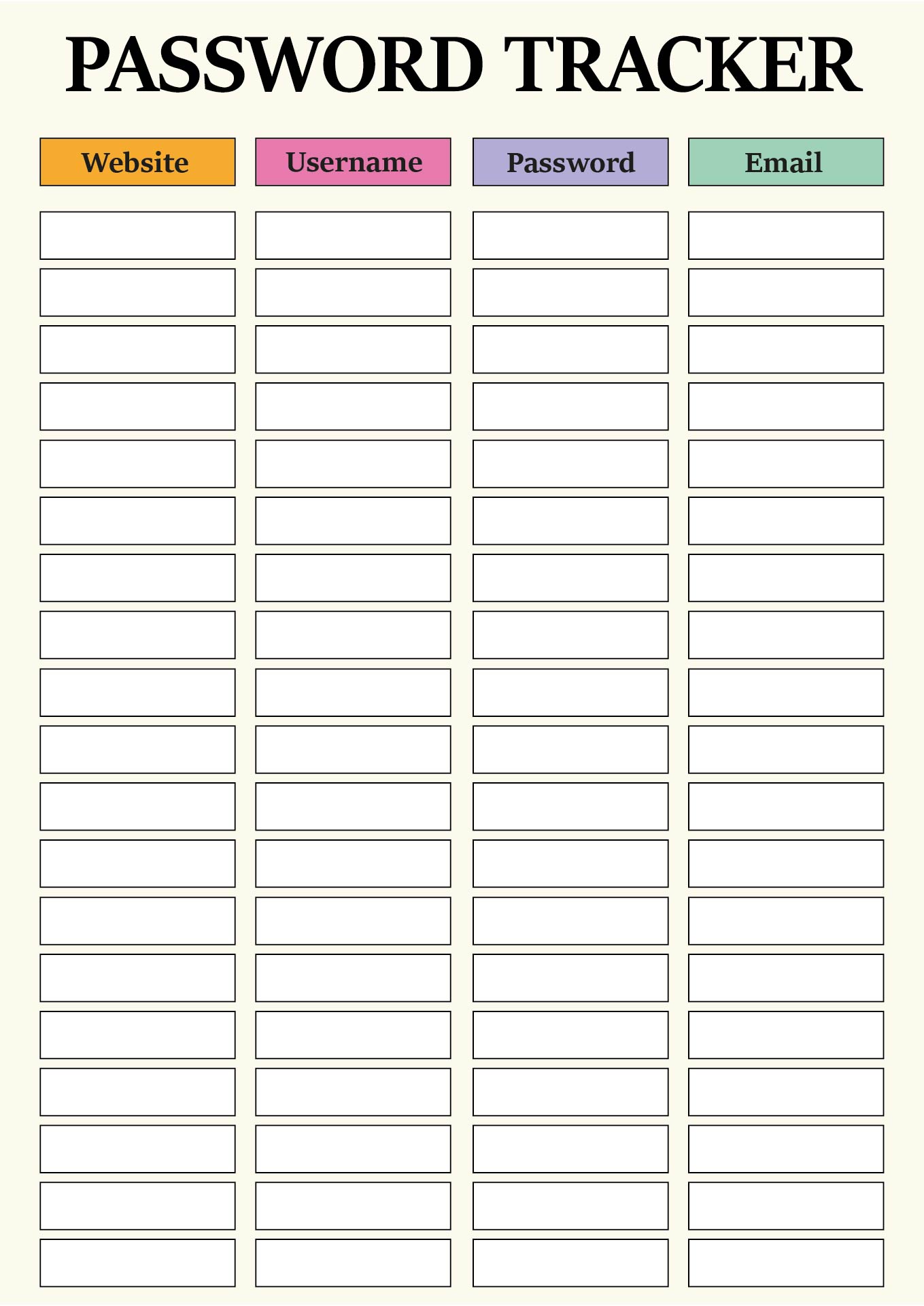 Printable Password Tracker Sheets