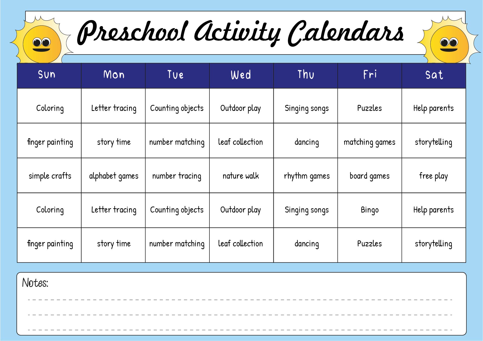 Printable Preschool Activity Calendars