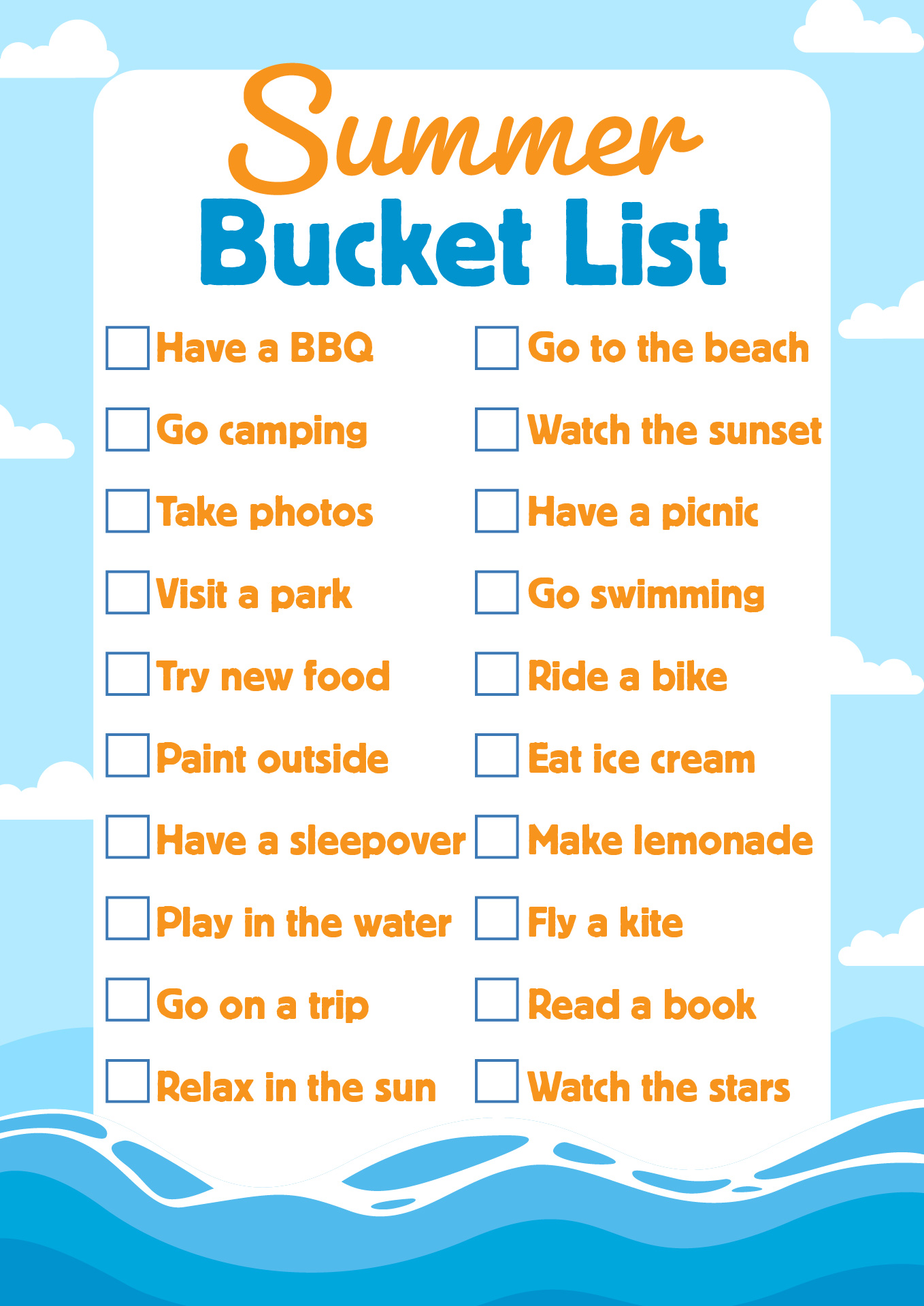 Printable Summer Bucket List Ideas