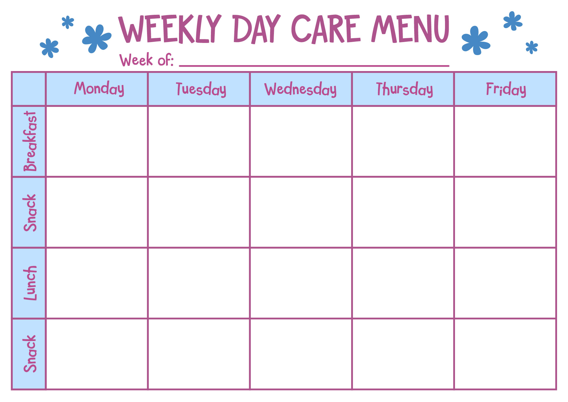 Printable Weekly Daycare Menu Planner