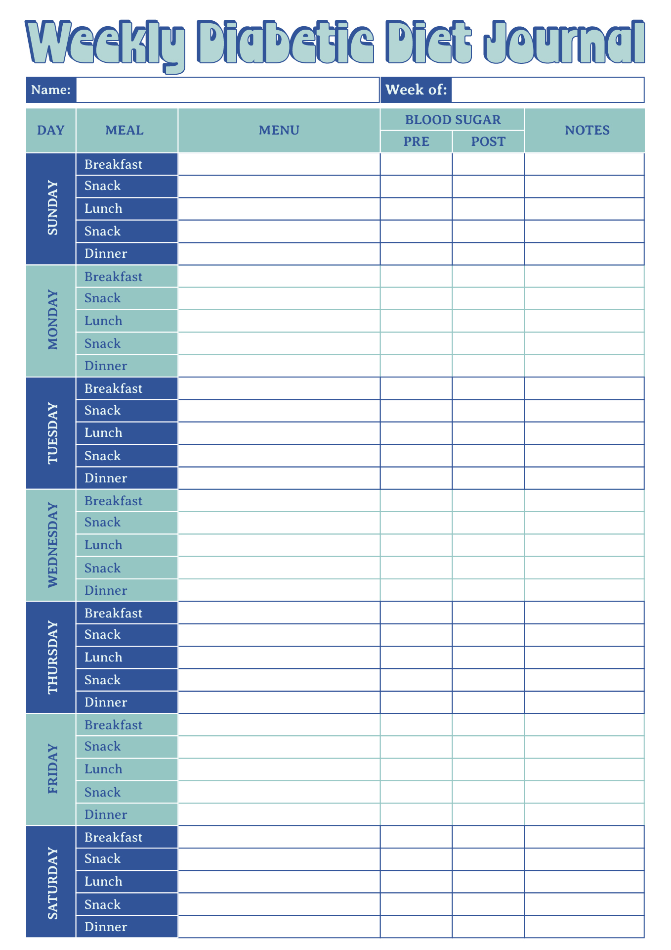 Printable Weekly Diabetic Diet Journal