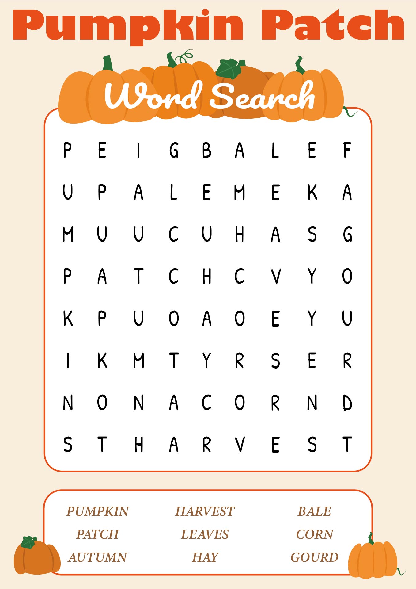 Pumpkin Patch Word Search Printable Pumpkin Patch Word Search Printable