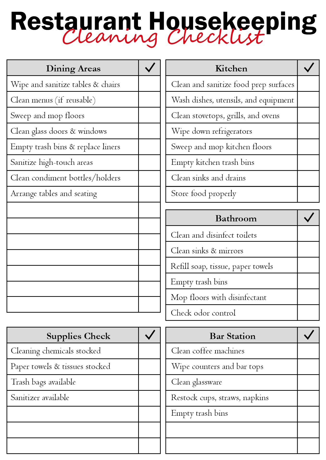 Restaurant Housekeeping Cleaning Checklist Printable