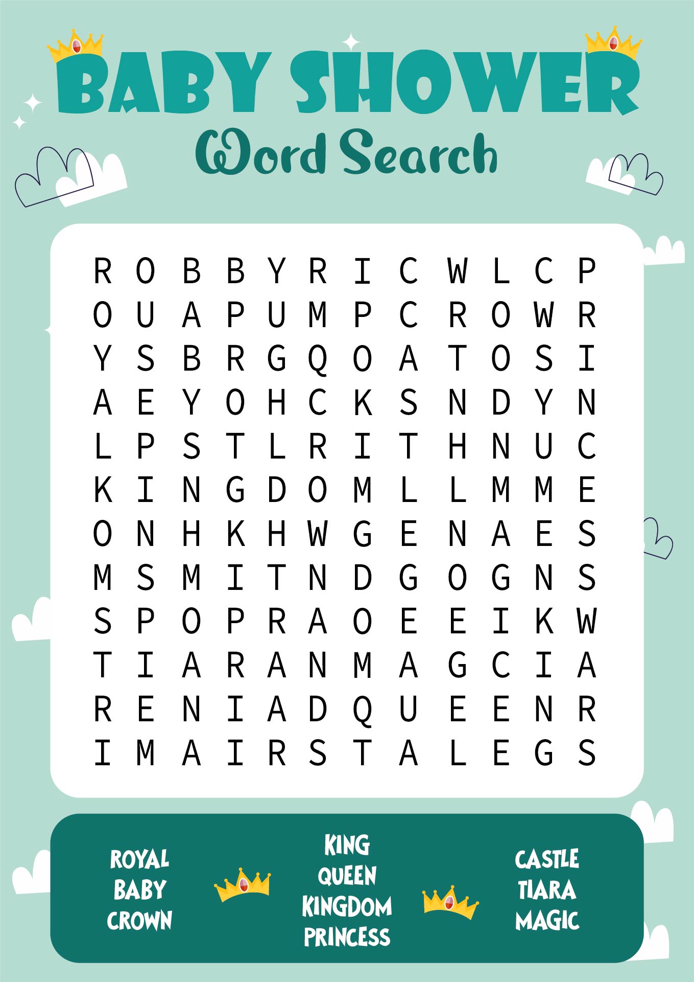 Royal Kingdom Baby Shower Word Find Puzzles