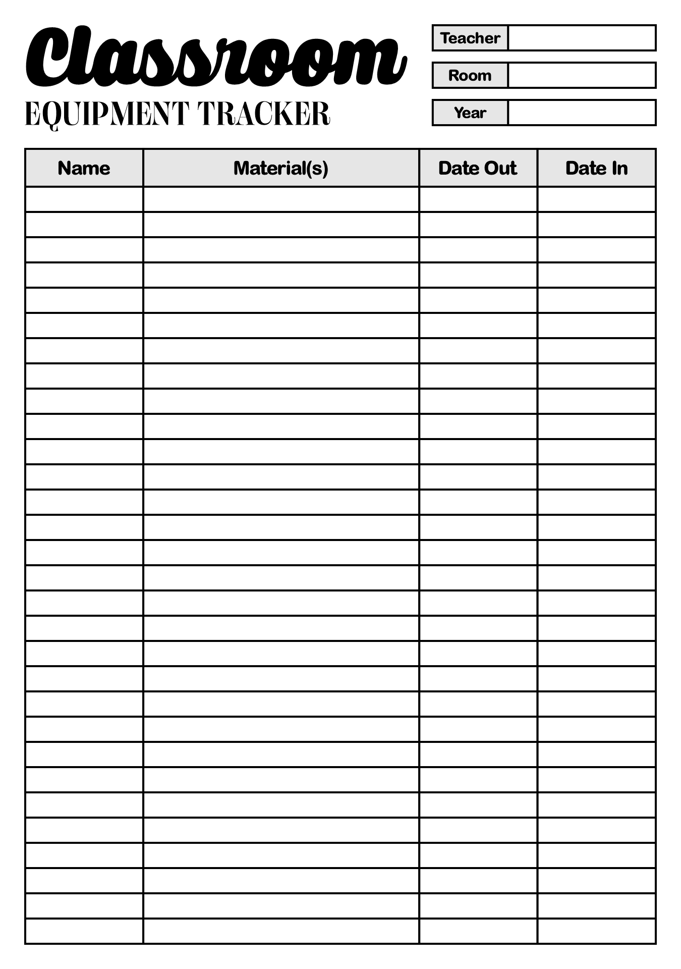 Sign Out Sheet for Classroom Equipment