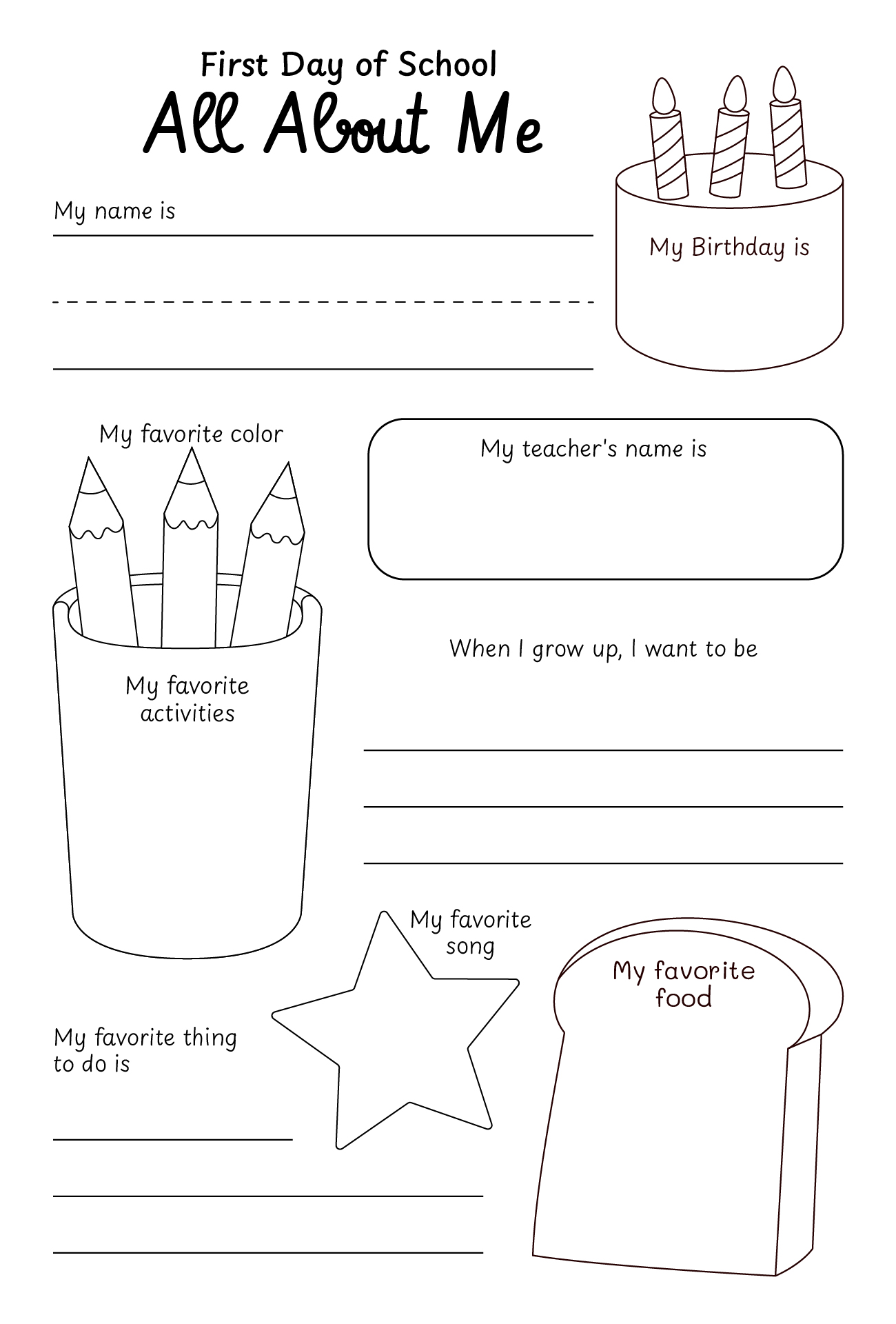 Student All About Me Worksheet for First Day of School