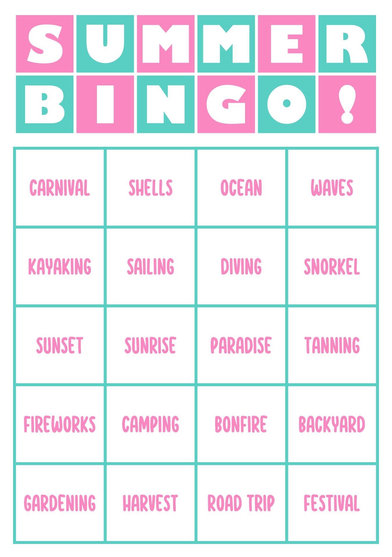 Summer Camp Bingo Cards Printable Versions