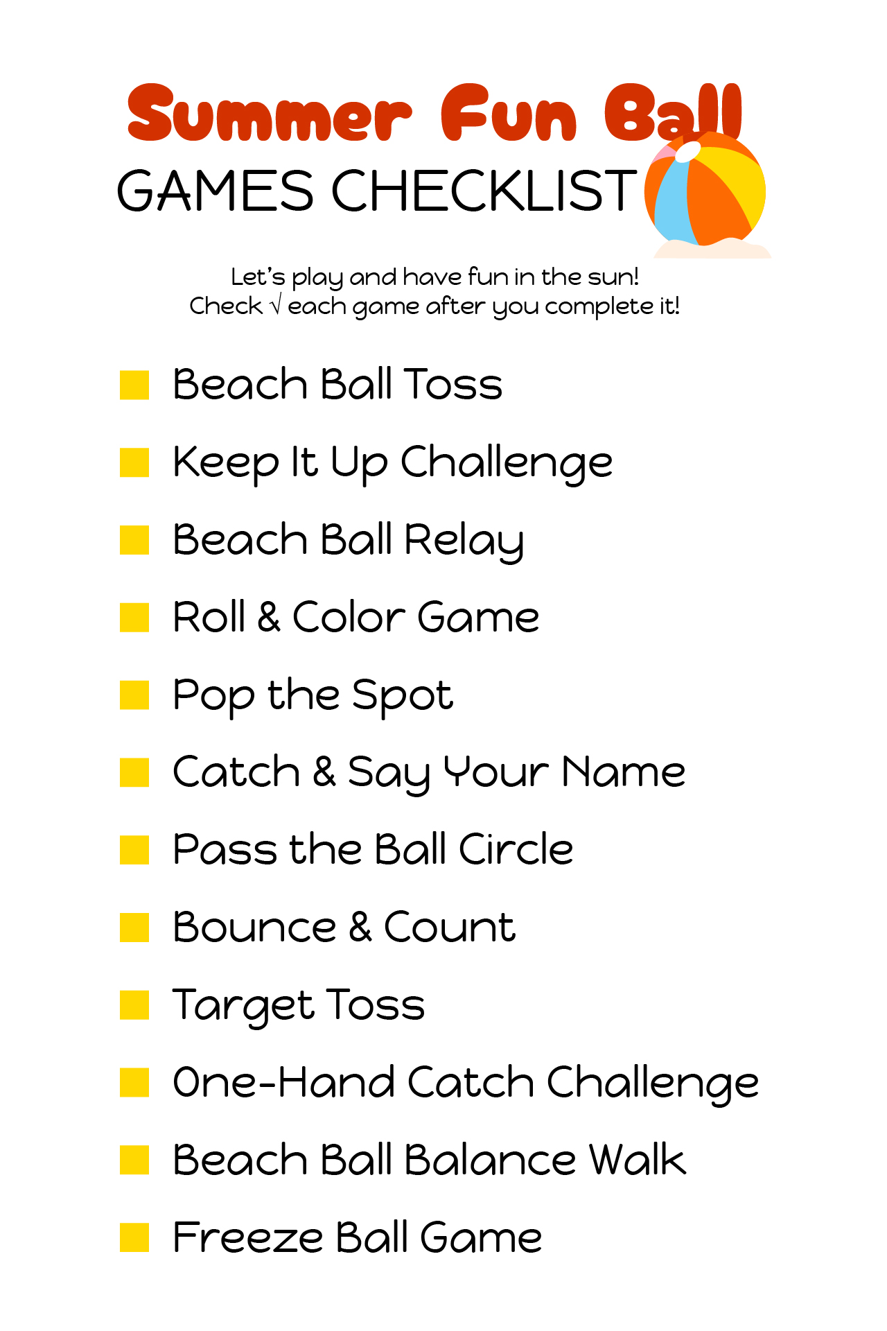 Summer Fun Ball Games Checklist