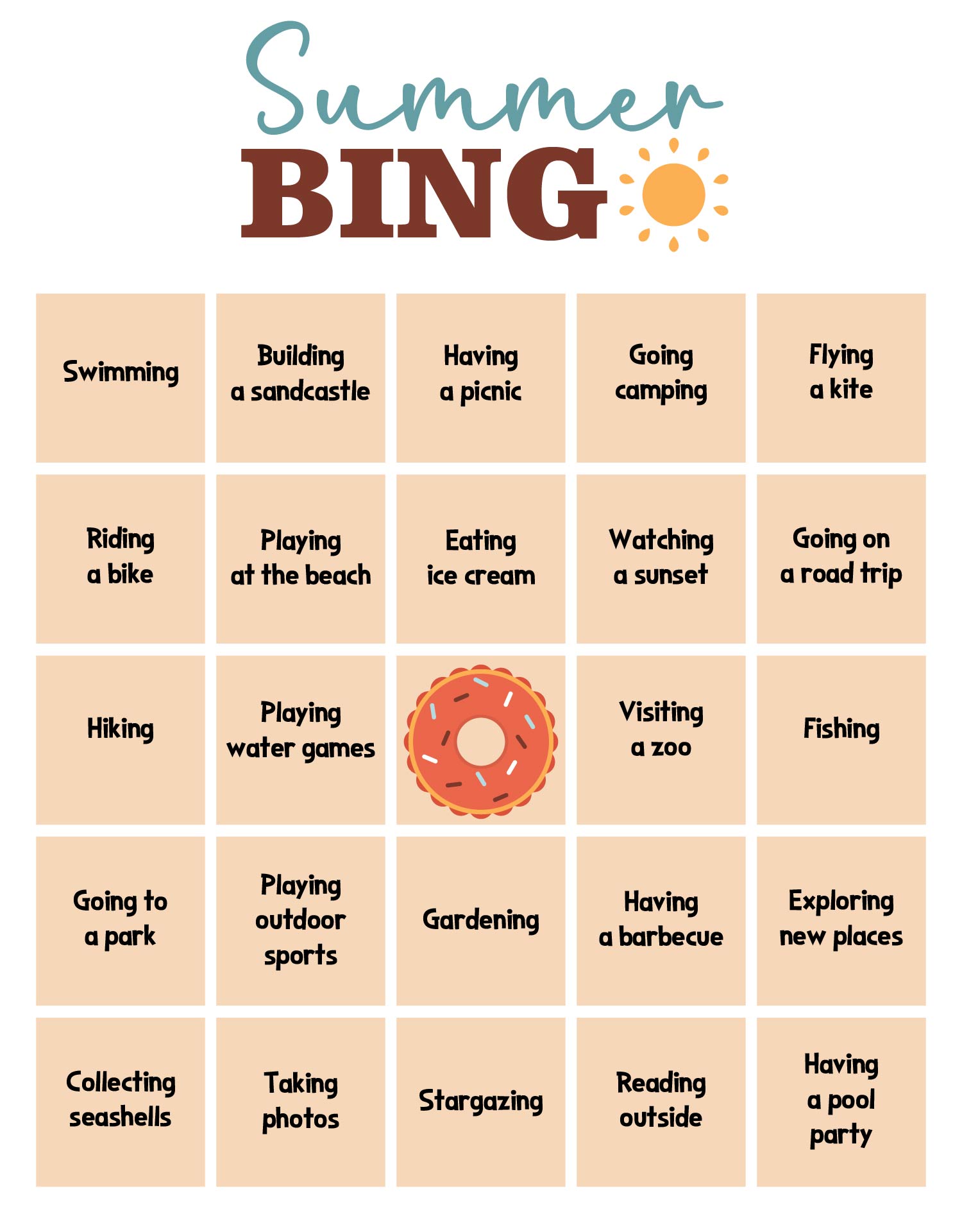 Summer Vacation Bingo Cards