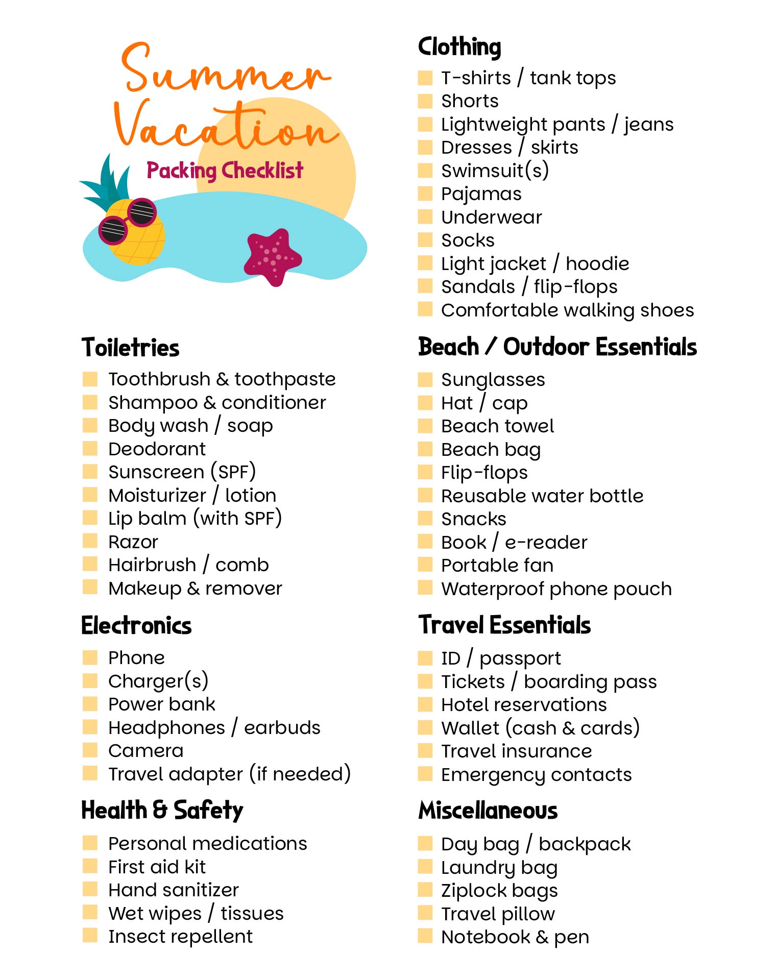 Summer Vacation Packing Checklist Printable