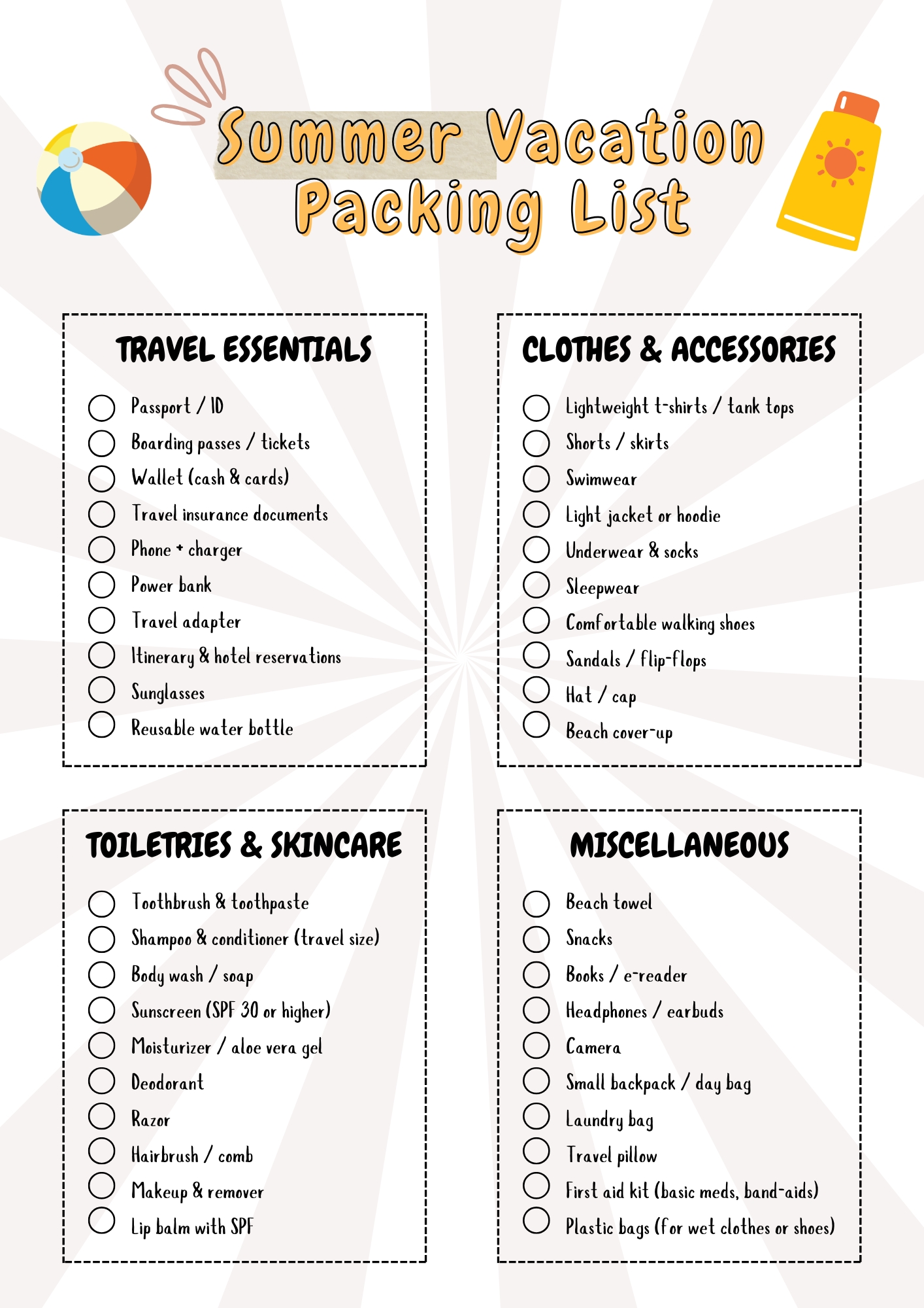 Summer Vacation Packing List Printable