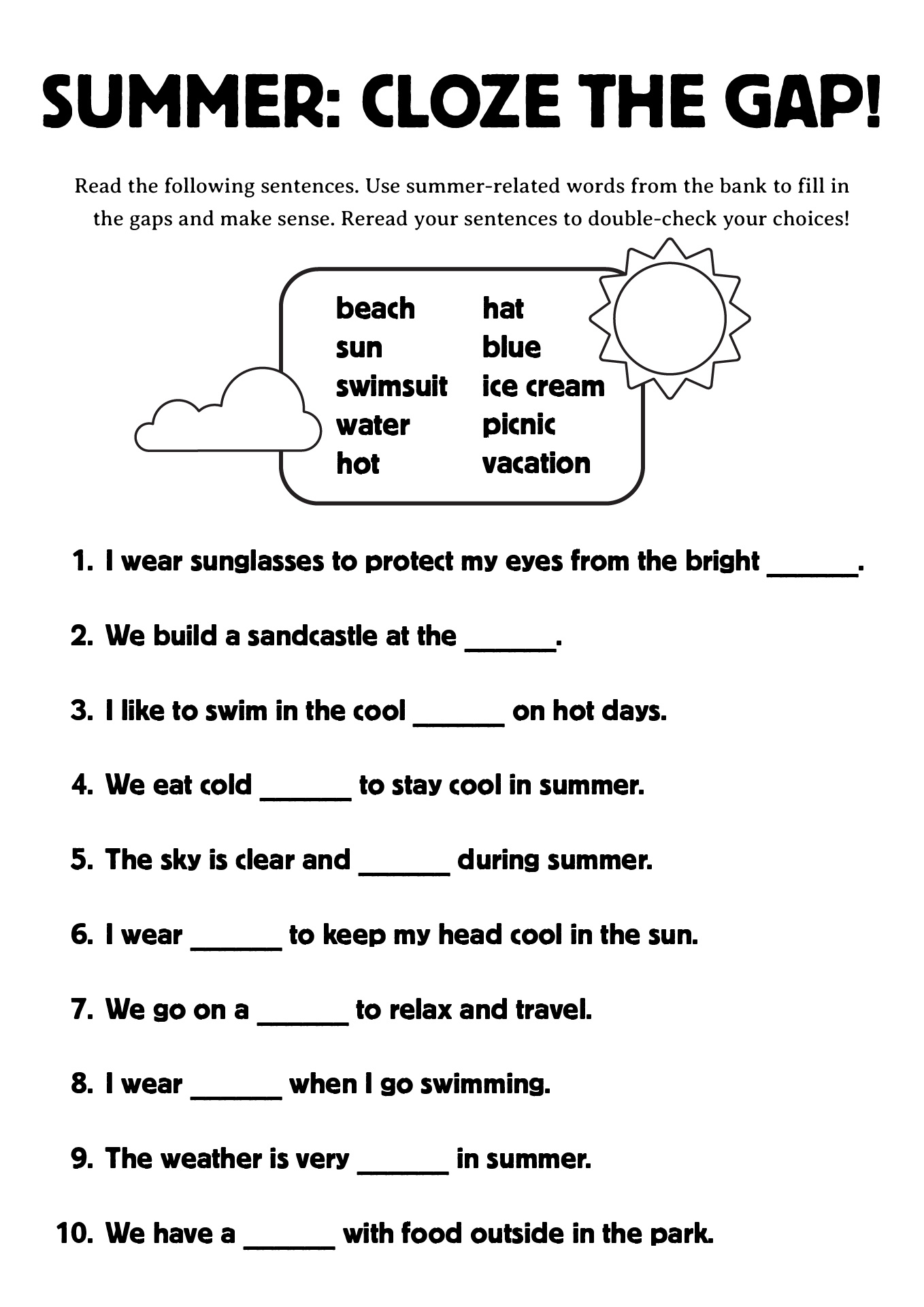 Summer Vocabulary Fill in the Blanks Worksheets Summer Vocabulary Fill in the Blanks Worksheets
