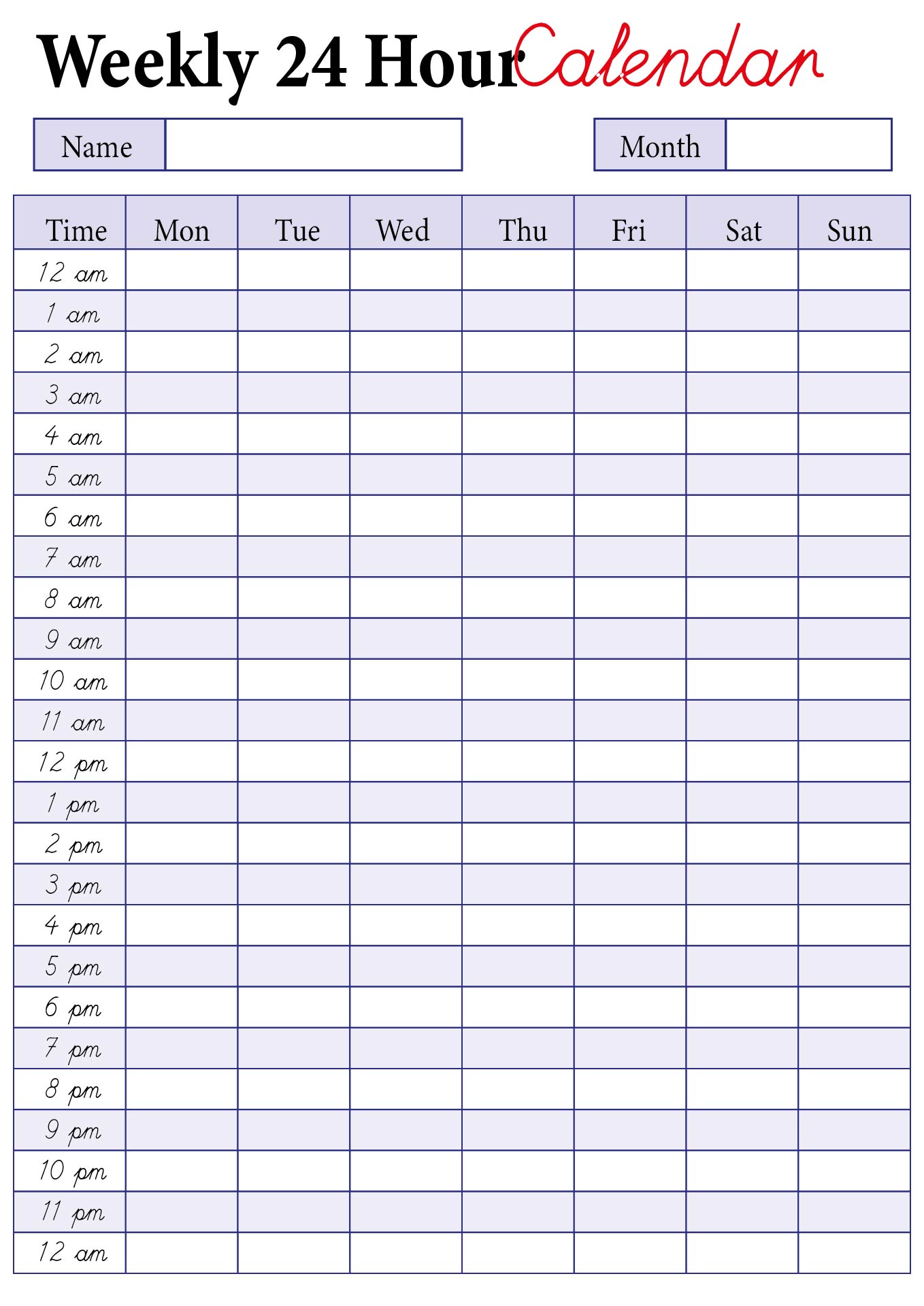 Weekly 24 Hour Calendar Printable