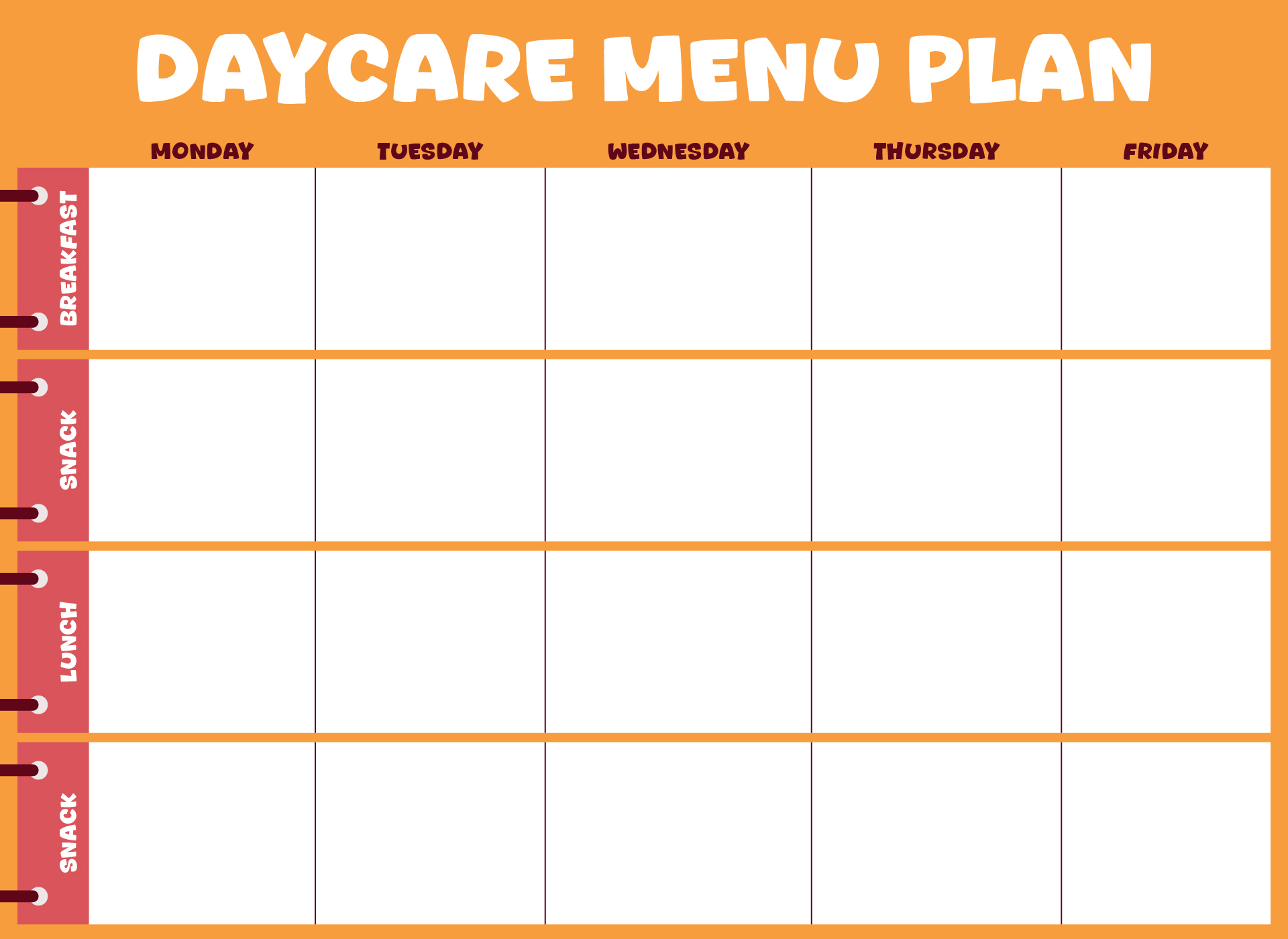 Weekly Daycare Menu Plan Printable