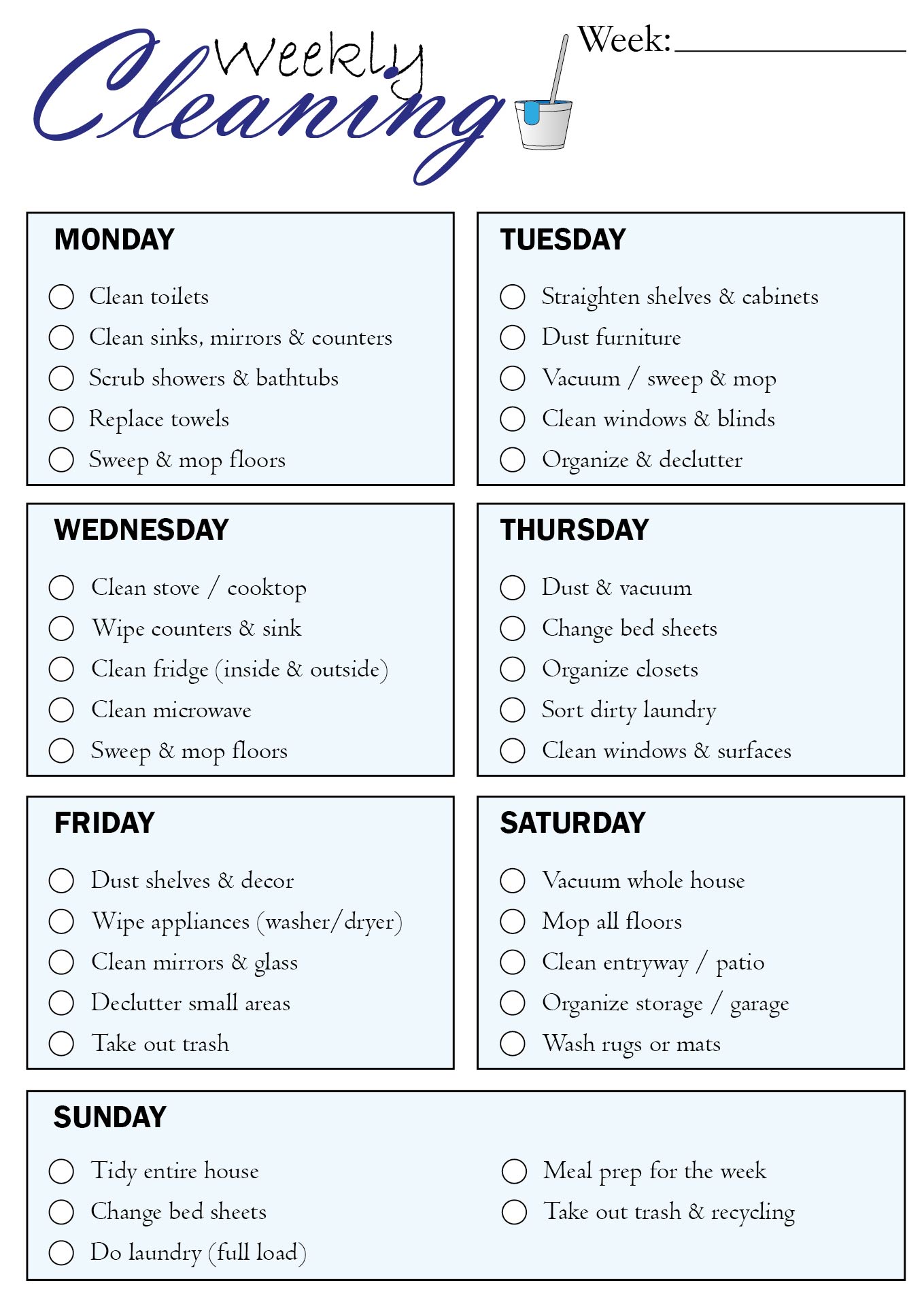 Weekly House Cleaning Schedule Charts