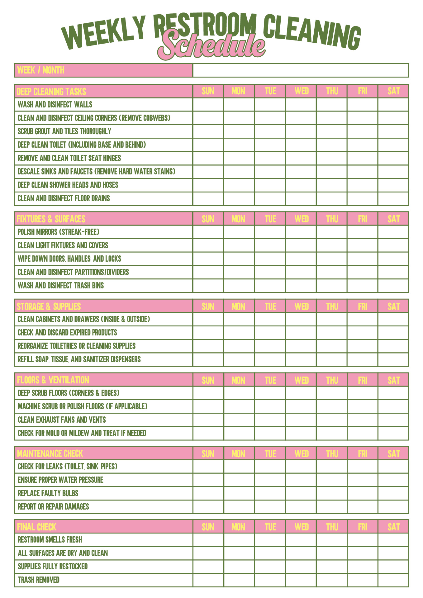 Weekly Restroom Cleaning Schedule Printable